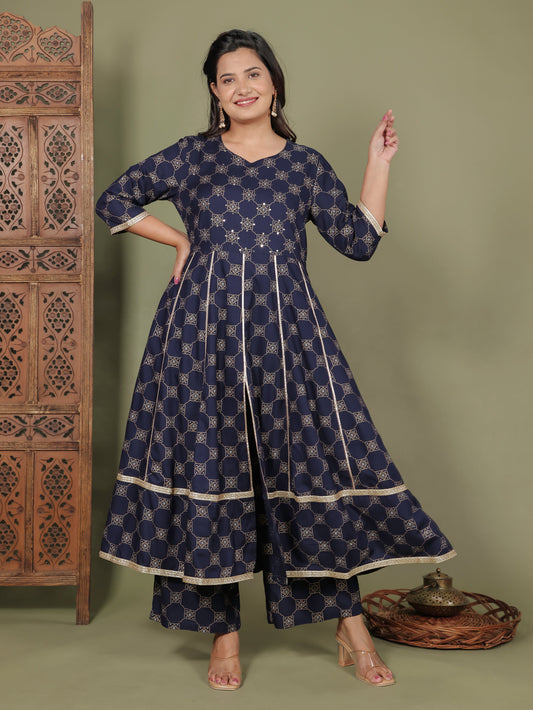 Embroidered Viscose Geometric Anarkali Blue Kurta