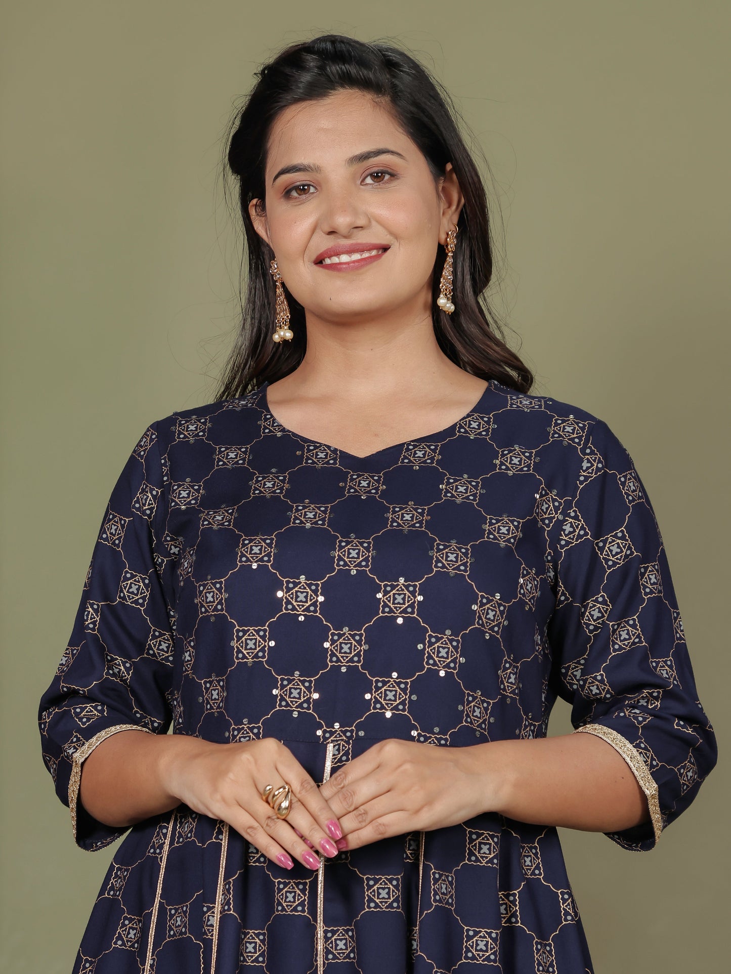Viscose Geometric Anarkali Blue Kurta