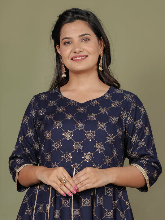 Viscose Geometric Anarkali Blue Kurta