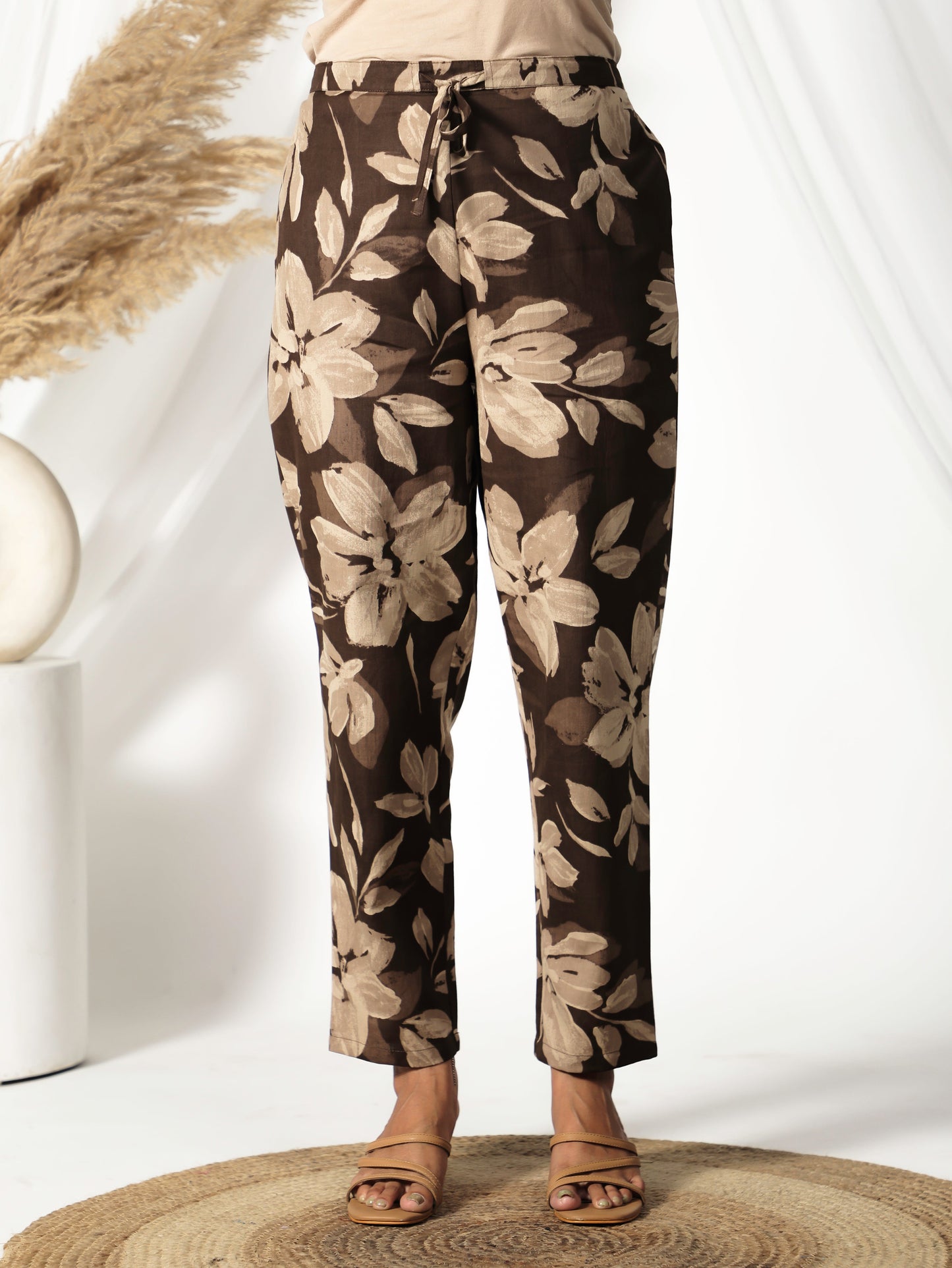 Natural Cotton Floral Brown Tapered Trousers