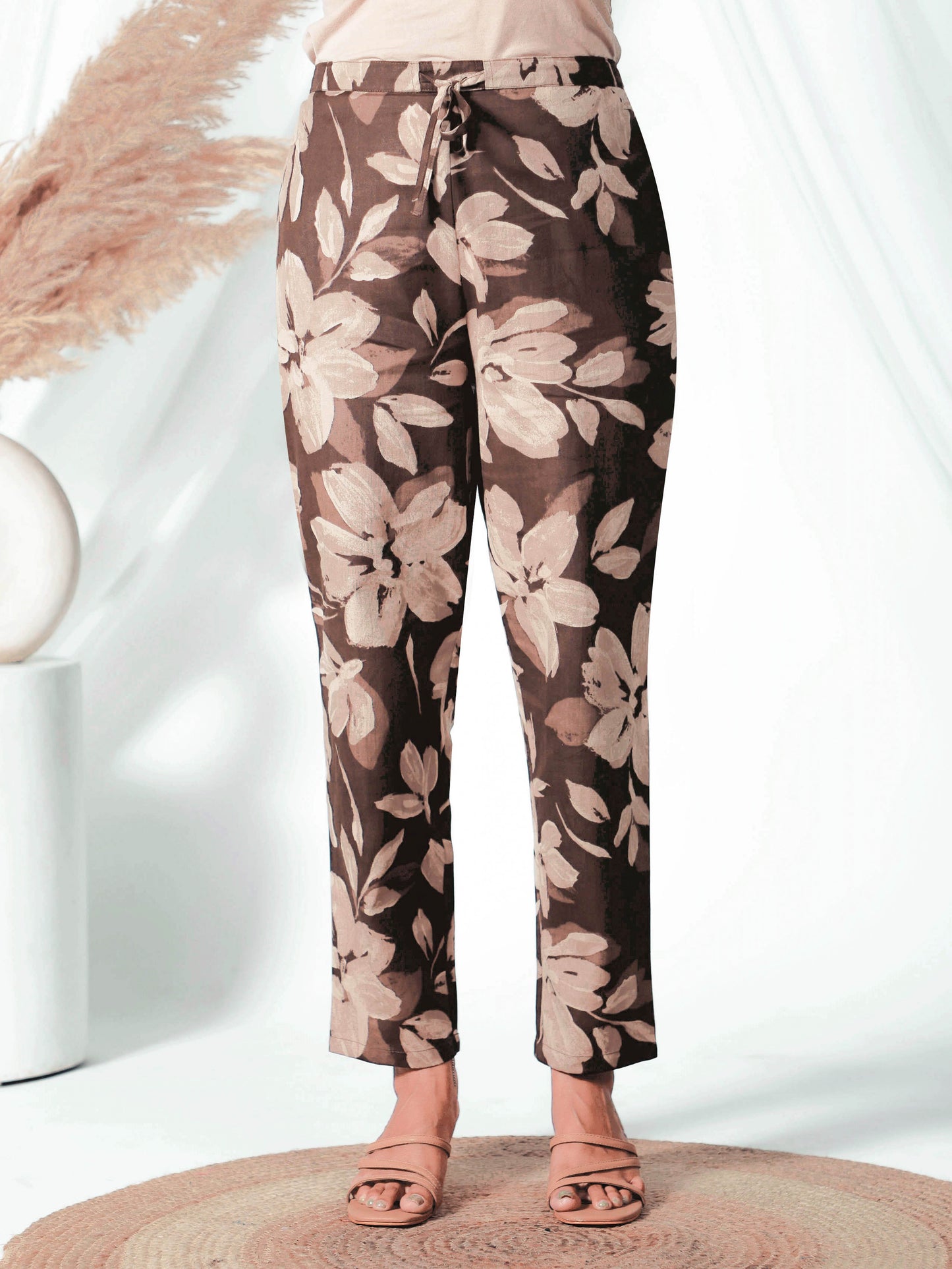 Natural Cotton Floral Brown Tapered Trousers