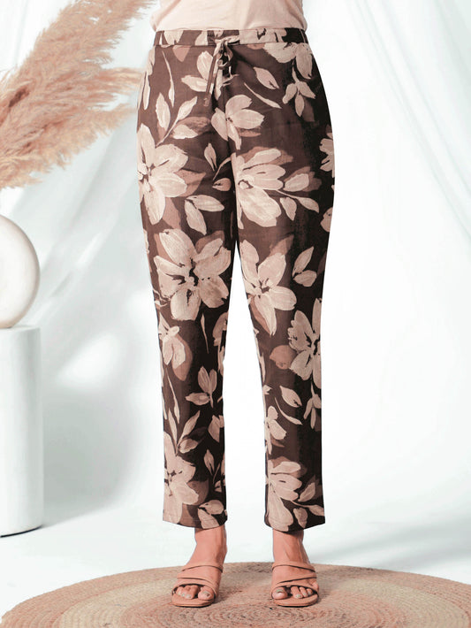 Natural Cotton Floral Brown Tapered Trousers