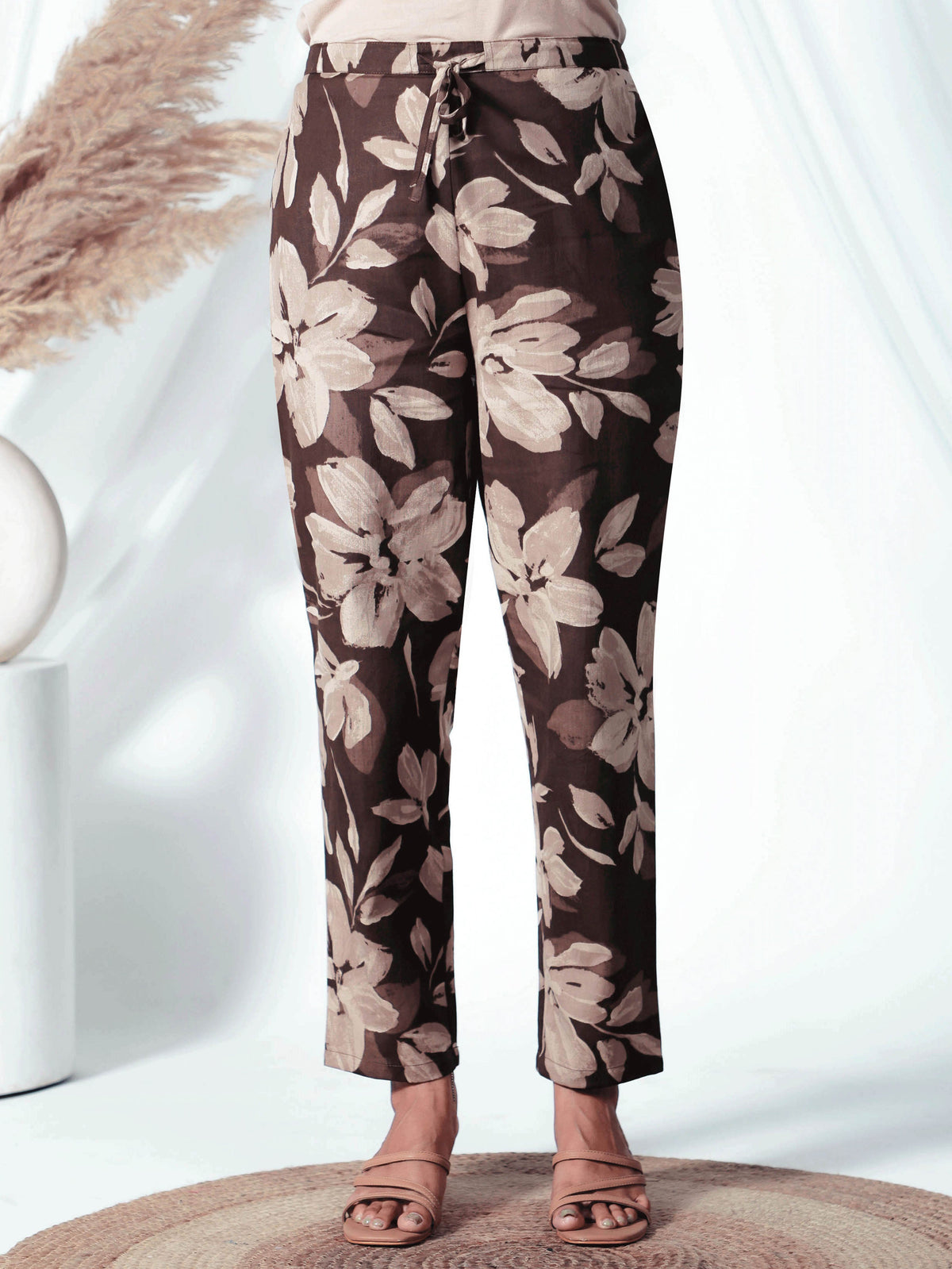 Natural Cotton Floral Brown Tapered Trousers