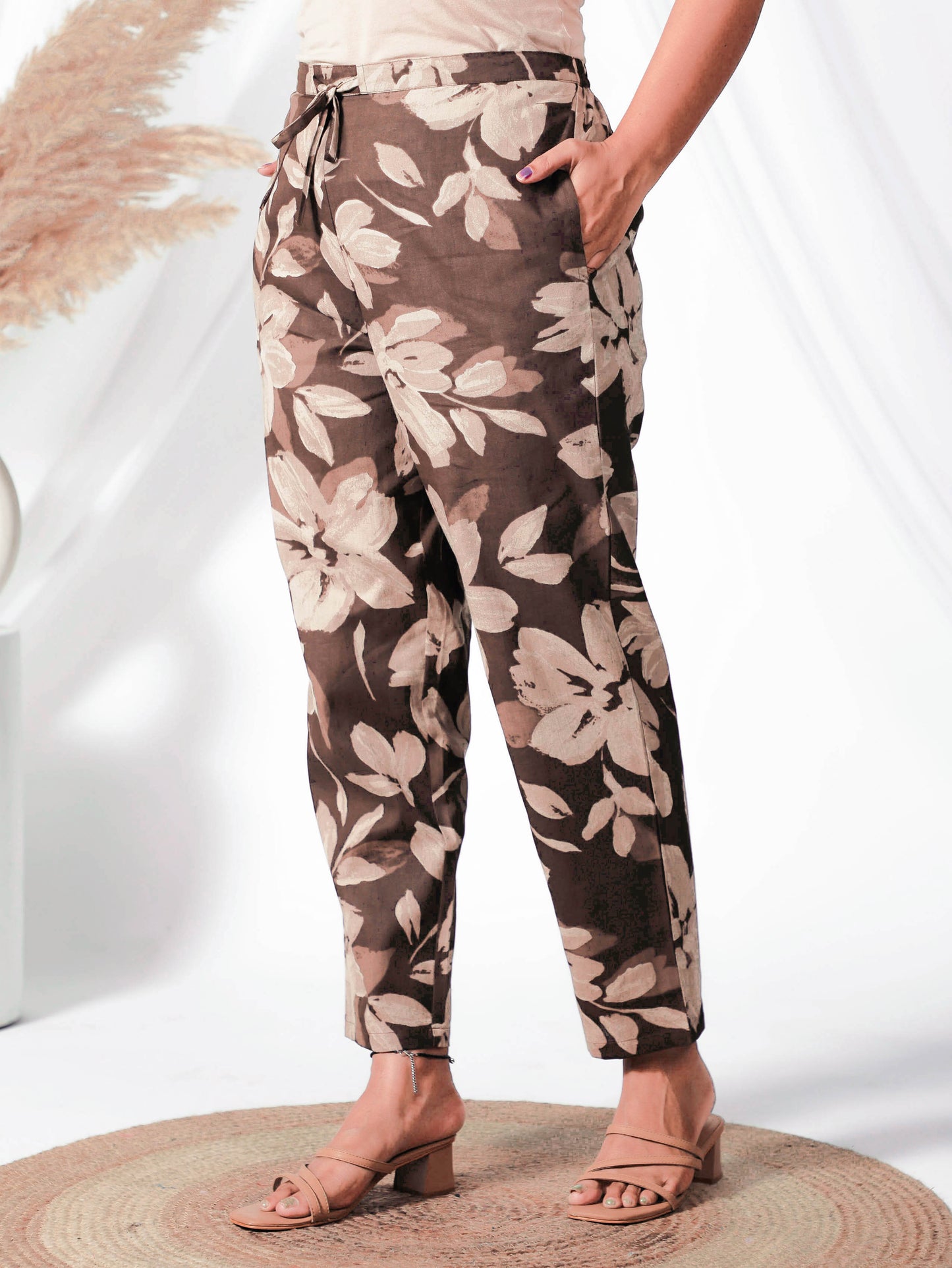 Natural Cotton Floral Brown Tapered Trousers