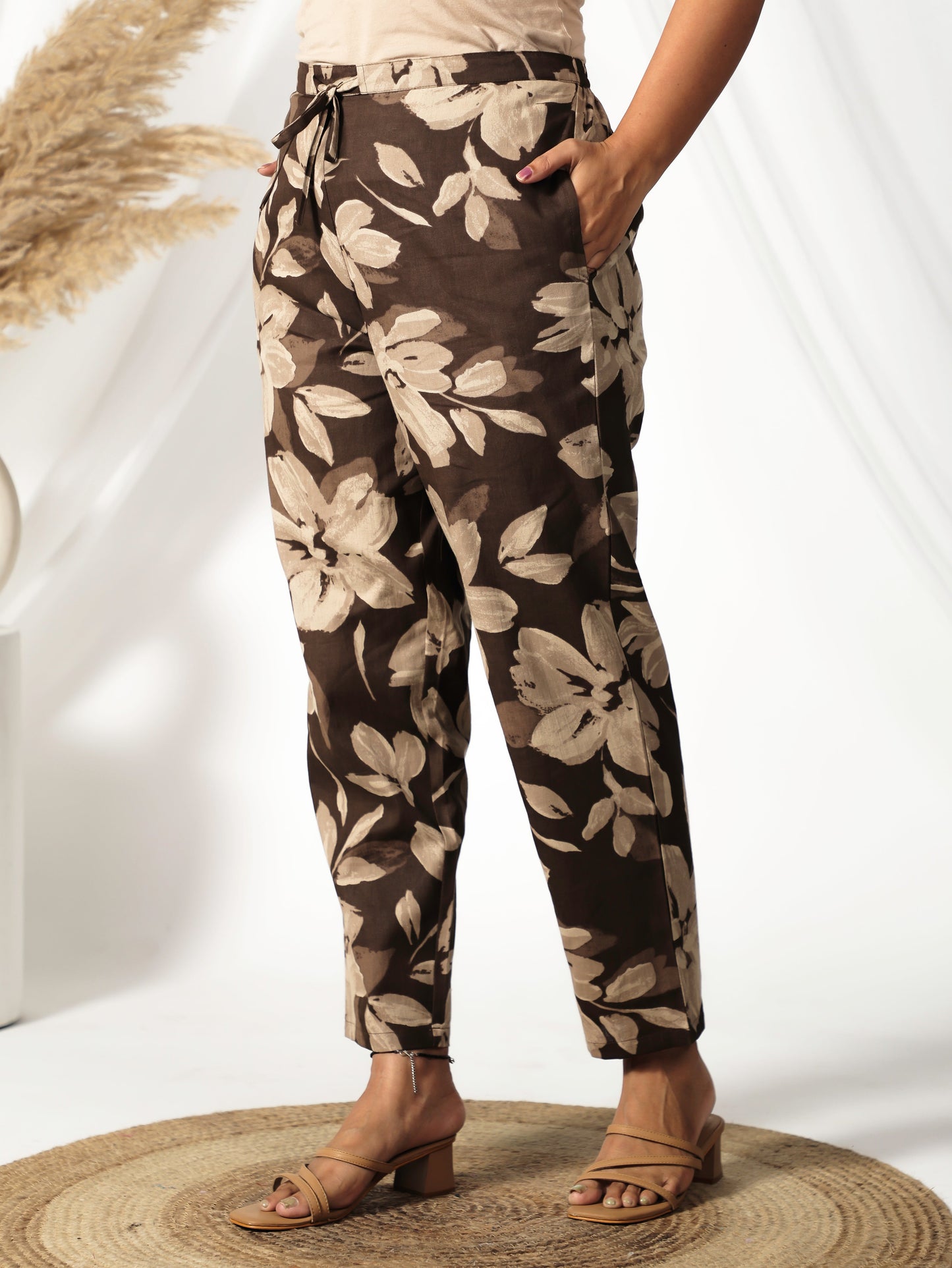 Natural Cotton Floral Brown Tapered Trousers