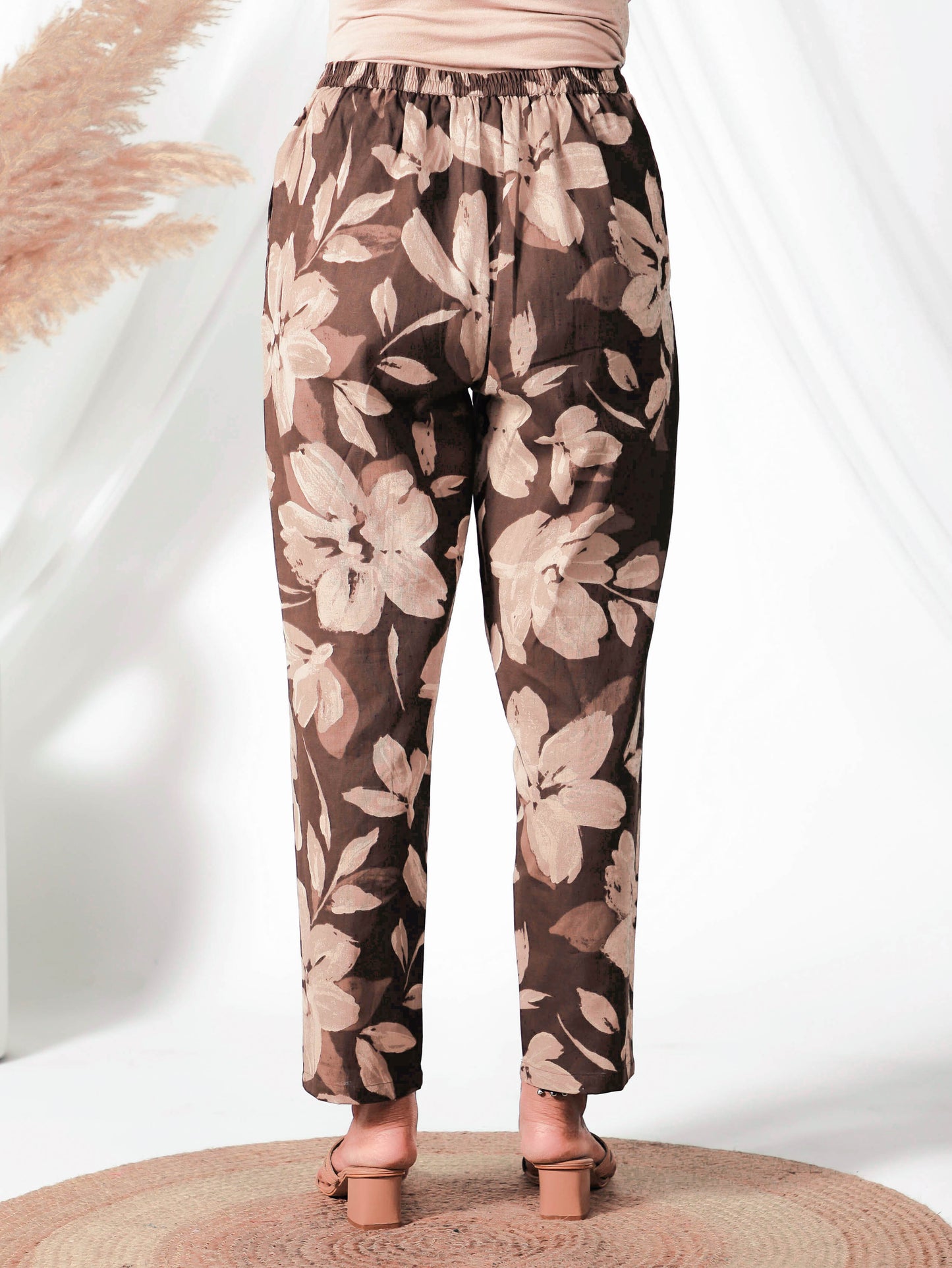 Natural Cotton Floral Brown Tapered Trousers