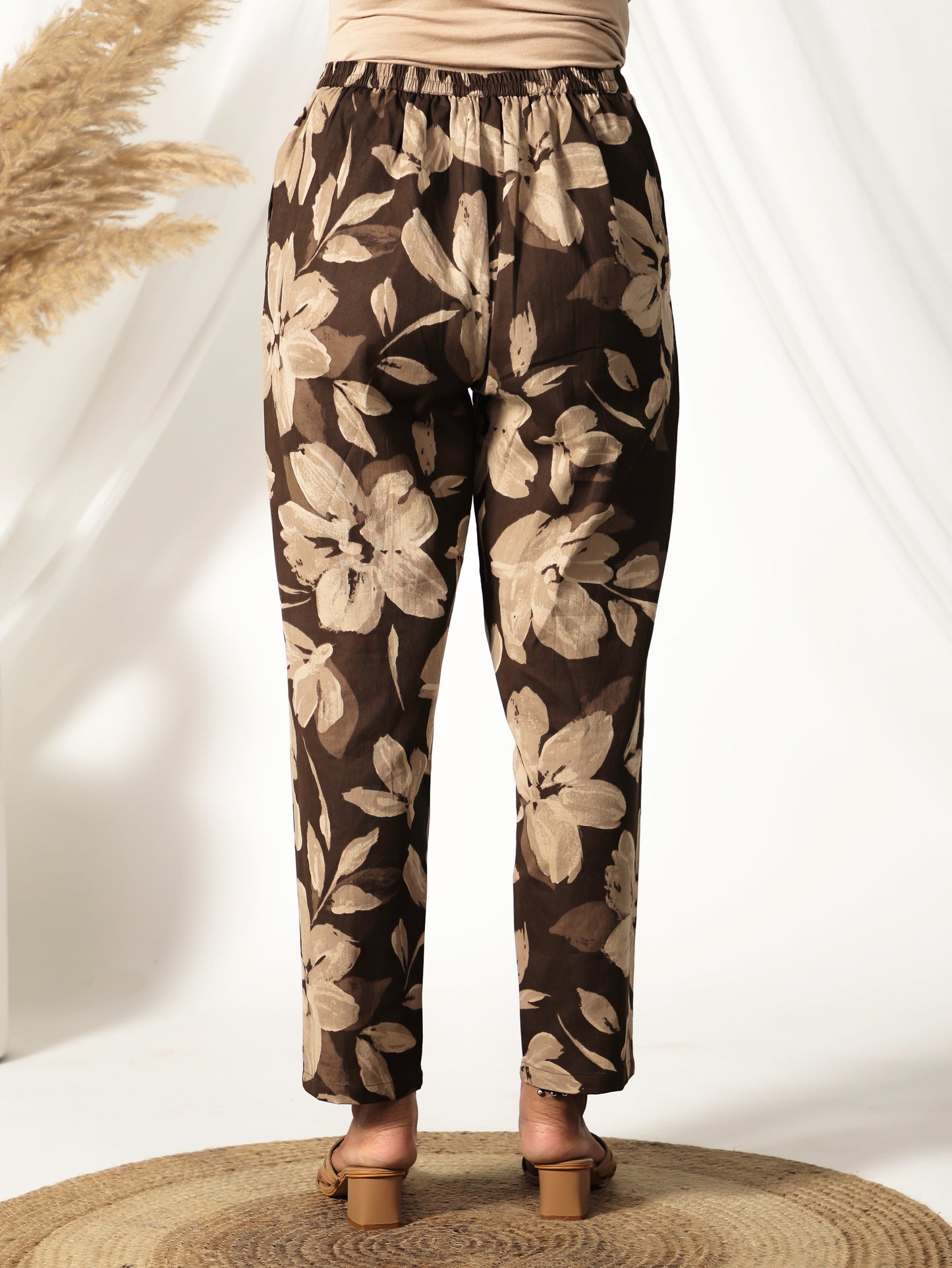 Natural Cotton Floral Brown Tapered Trousers