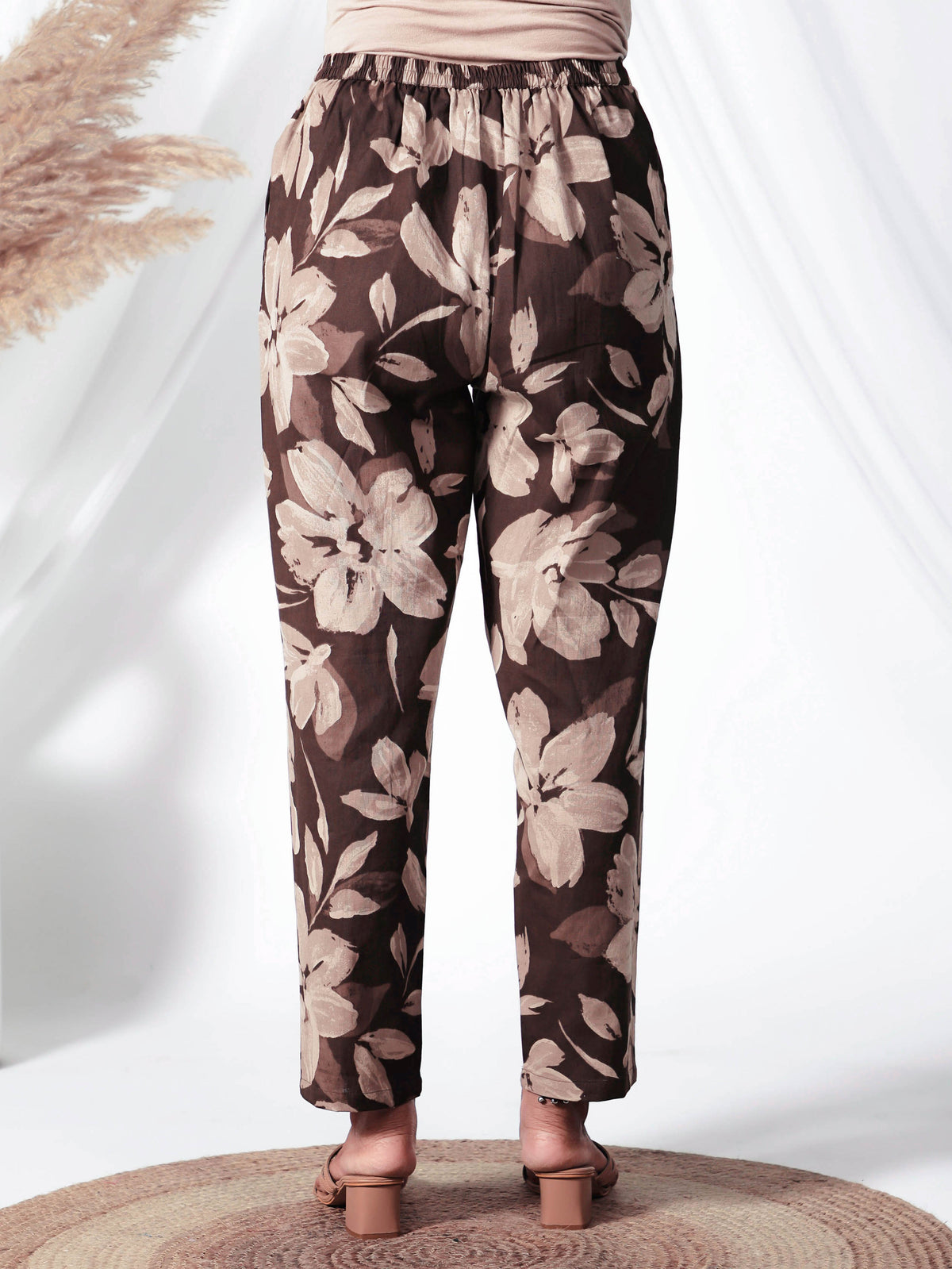 Natural Cotton Floral Brown Tapered Trousers