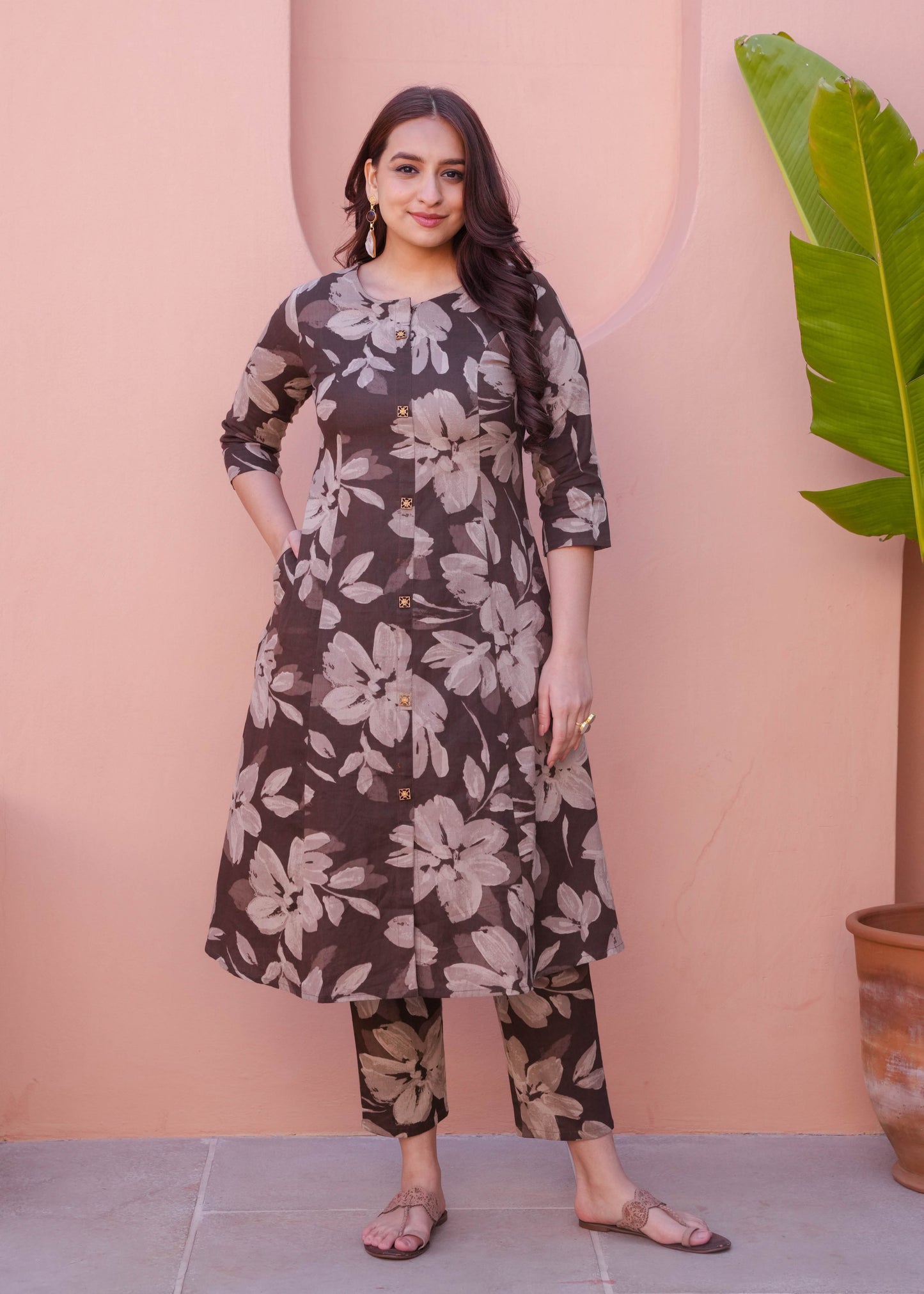 Natural Cotton Floral A-line Brown Kurta