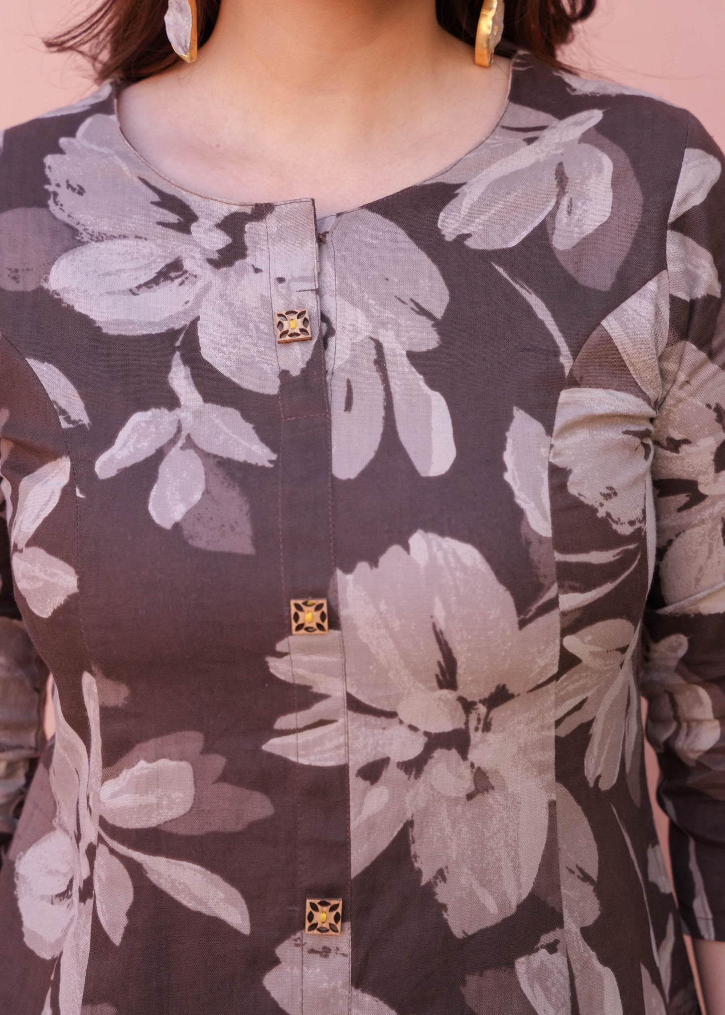 Natural Cotton Floral A-line Brown Kurta