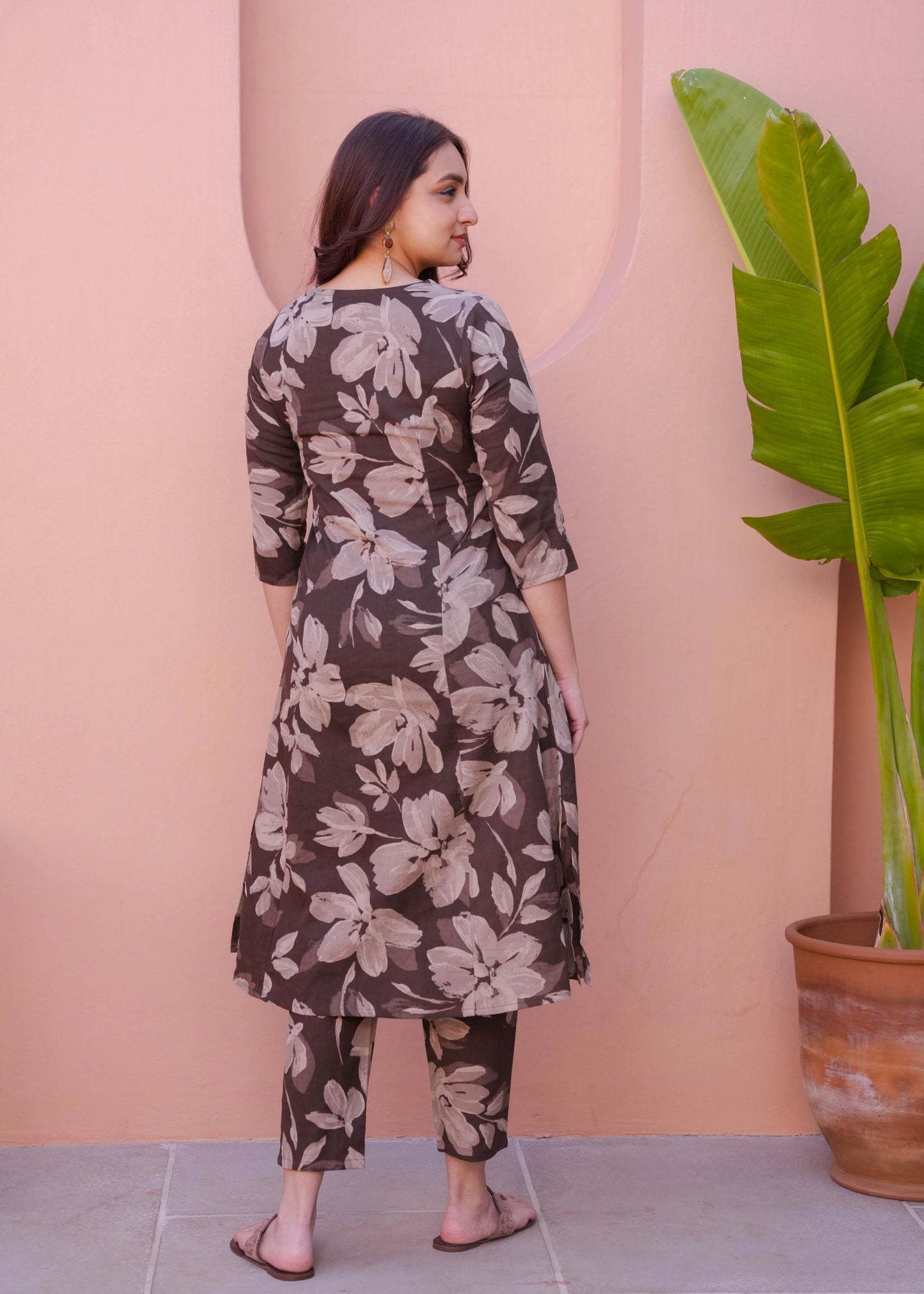 Natural Cotton Floral A-line Brown Kurta