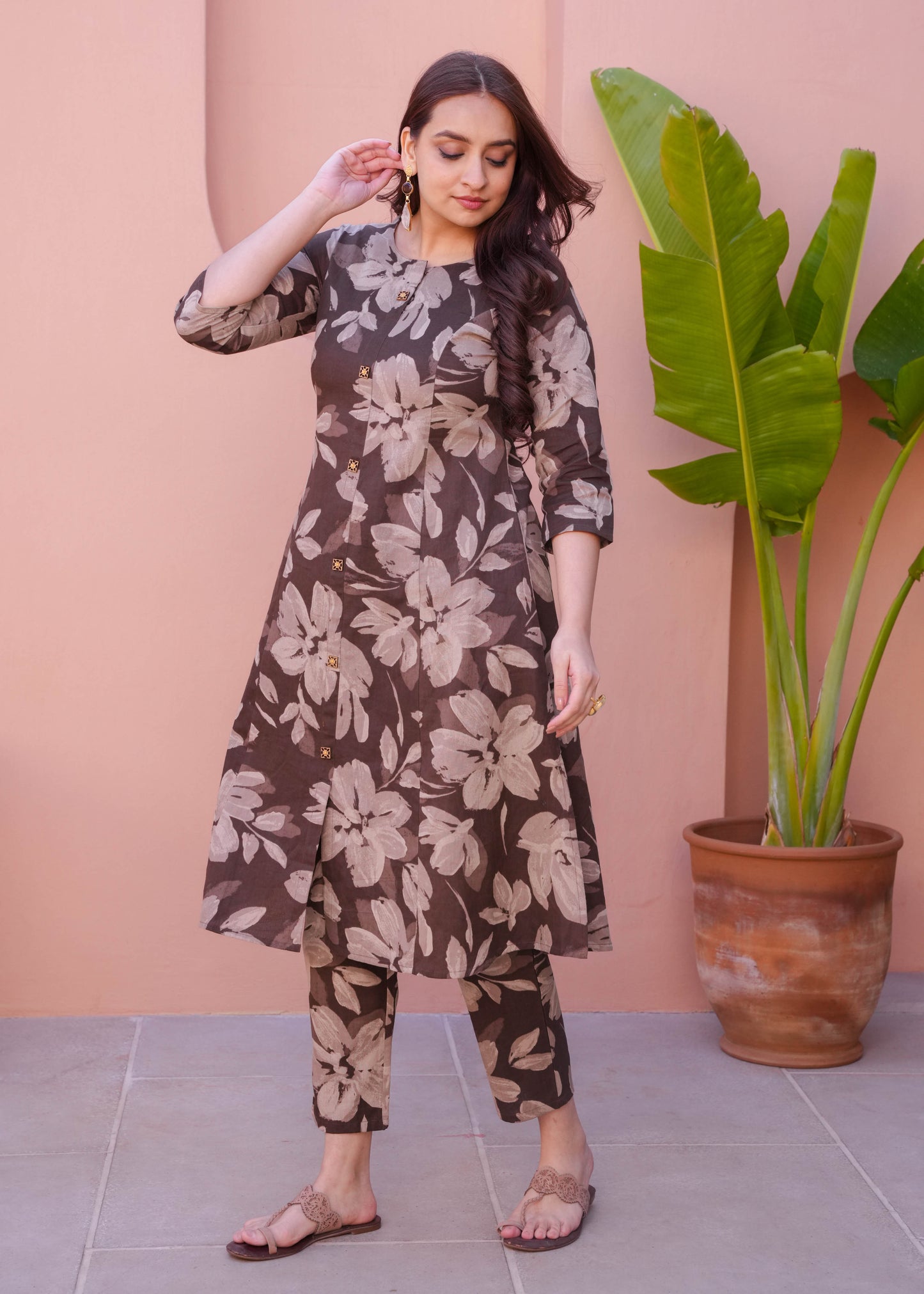 Natural Cotton Floral A-line Brown Kurta
