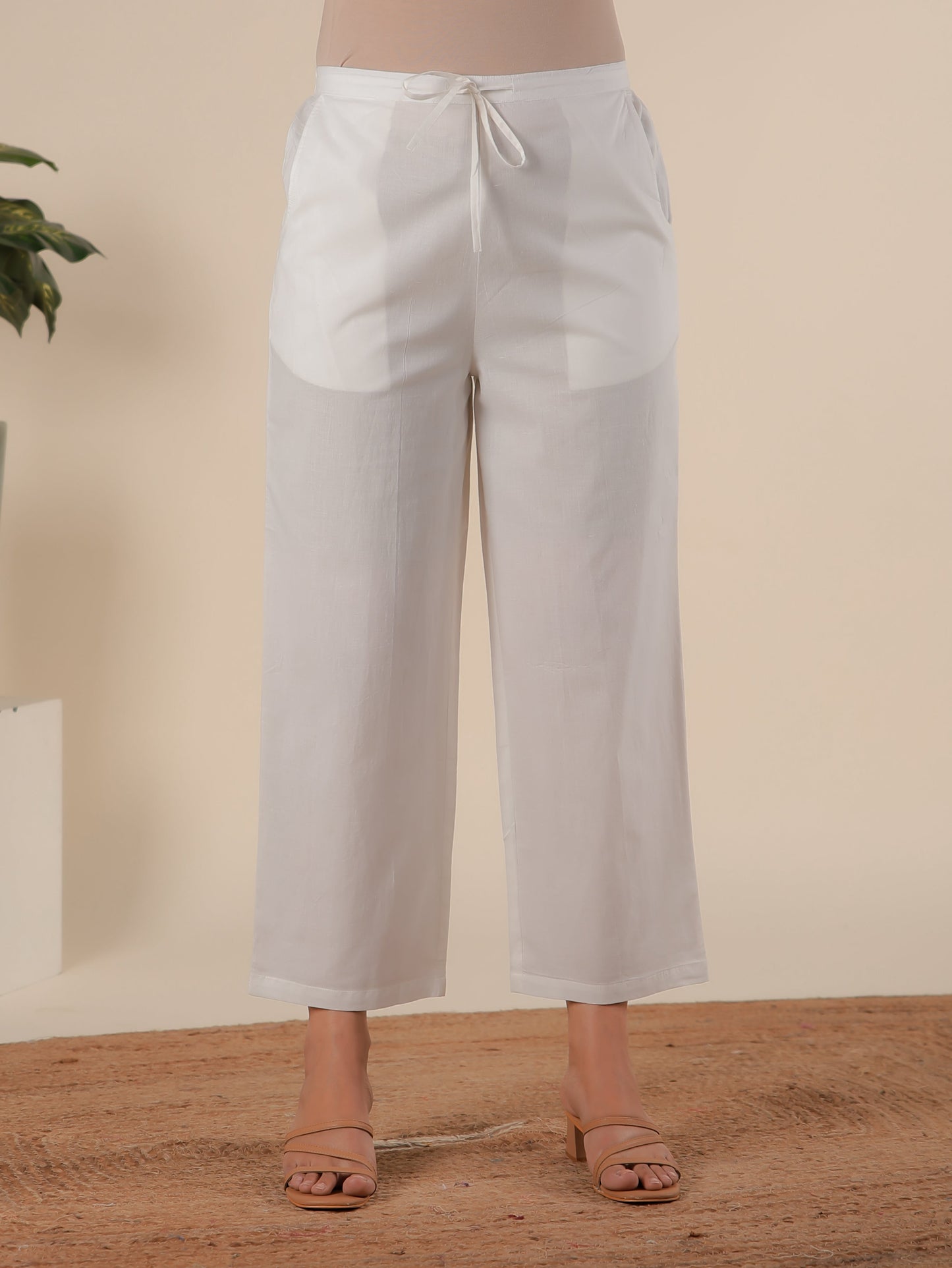 Soft Cotton Solid Cream Straight Trousers