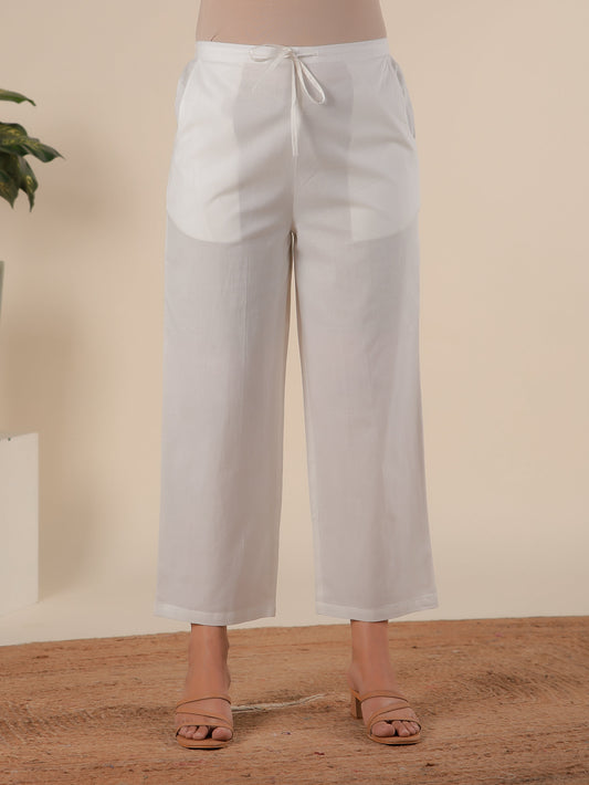 Soft Cotton Solid Cream Straight Trousers