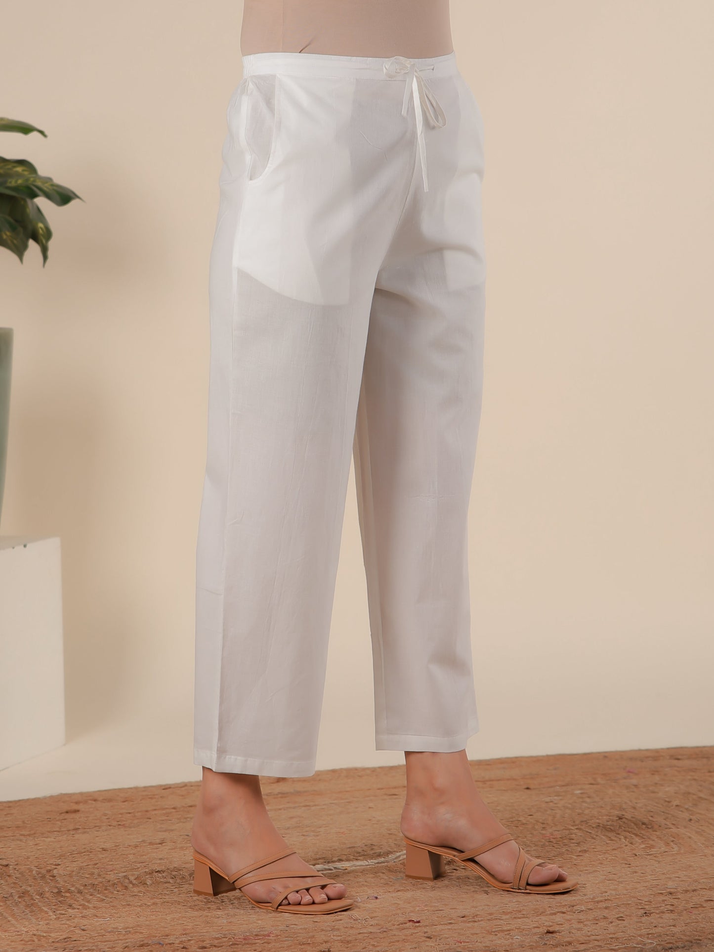 Soft Cotton Solid Cream Straight Trousers
