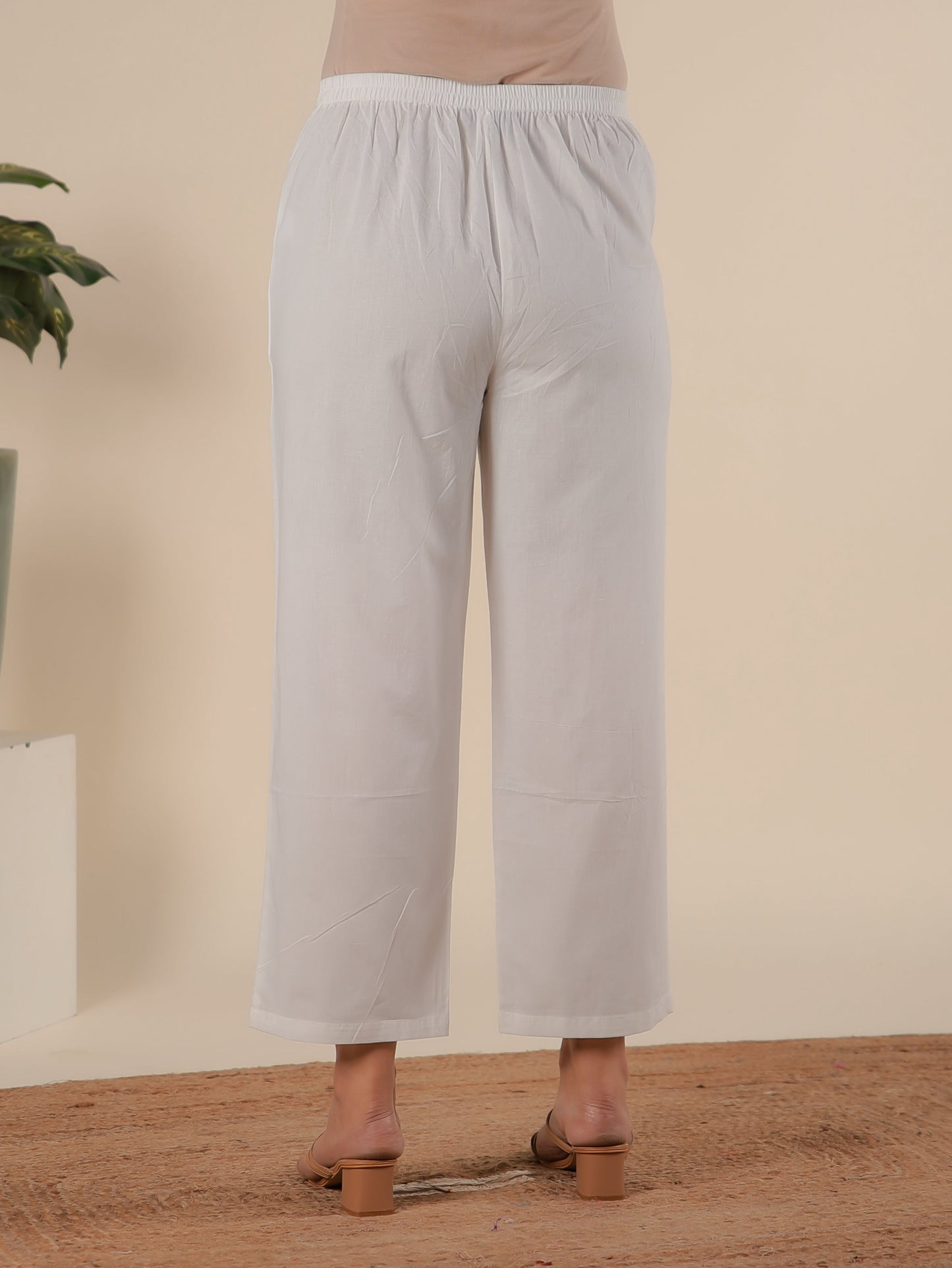 Soft Cotton Solid Cream Straight Trousers