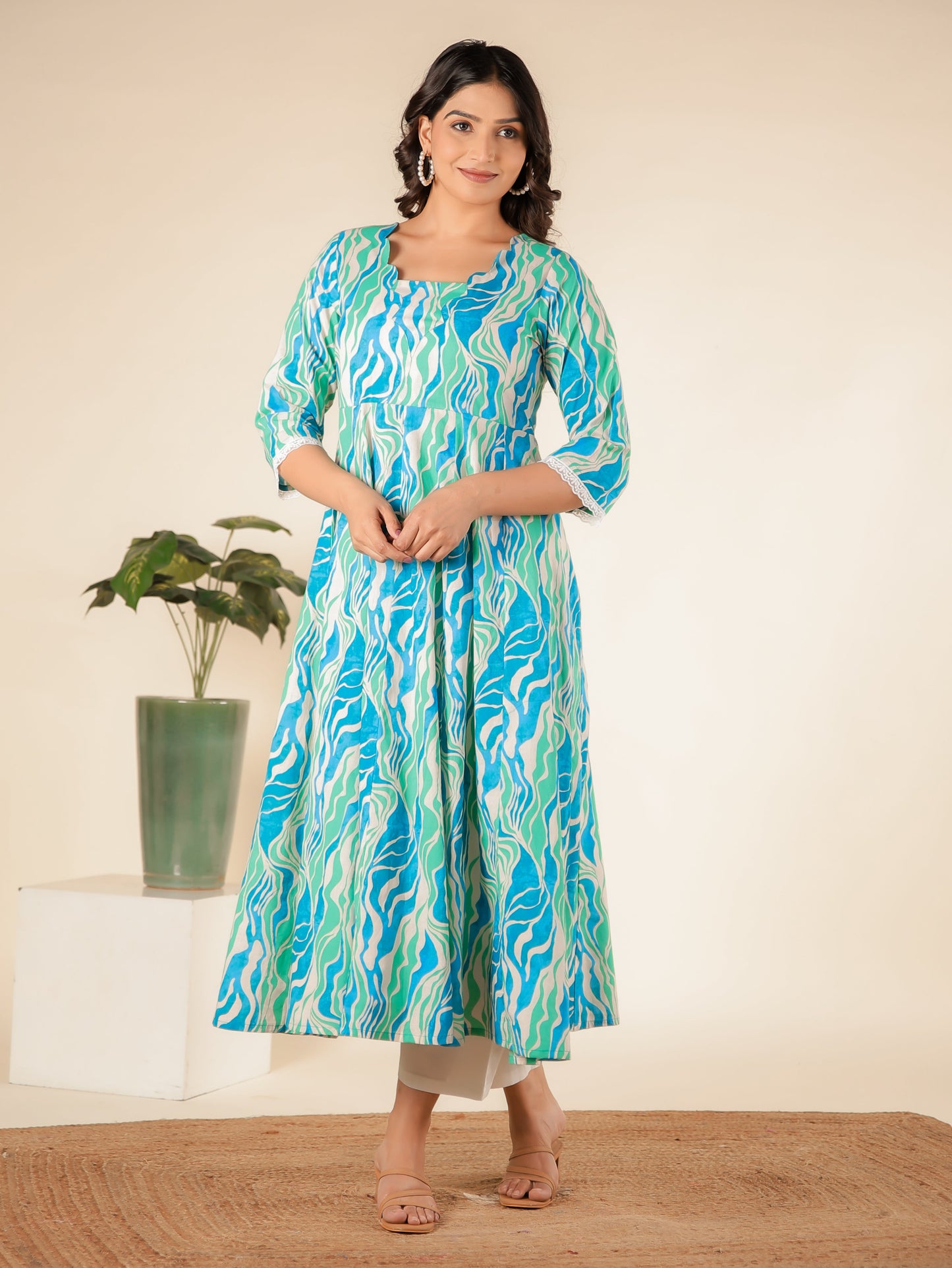 Soft Cotton Abstract Flared Green Kurta
