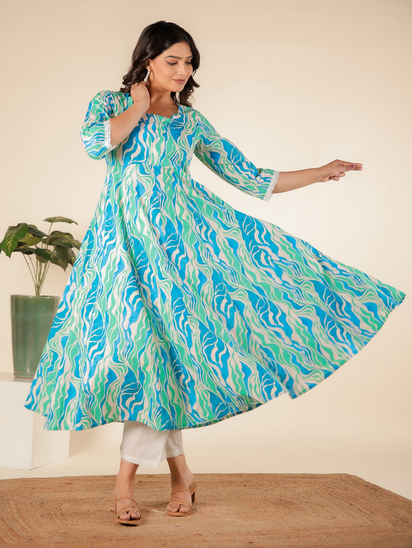 Soft Cotton Abstract Flared Green Kurta