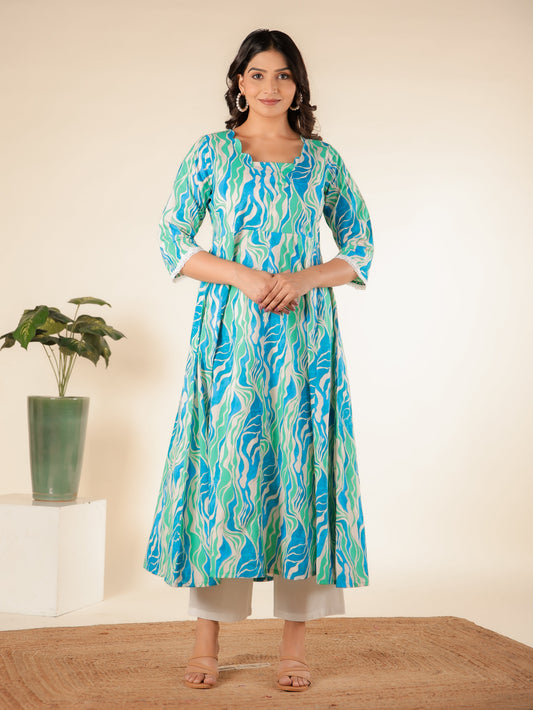 Soft Cotton Abstract Flared Green Kurta