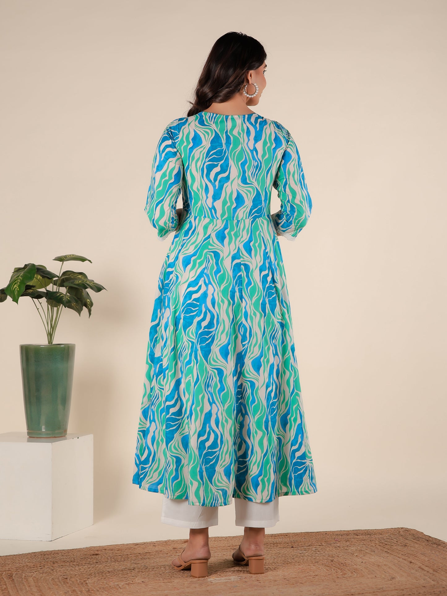 Soft Cotton Abstract Flared Green Kurta