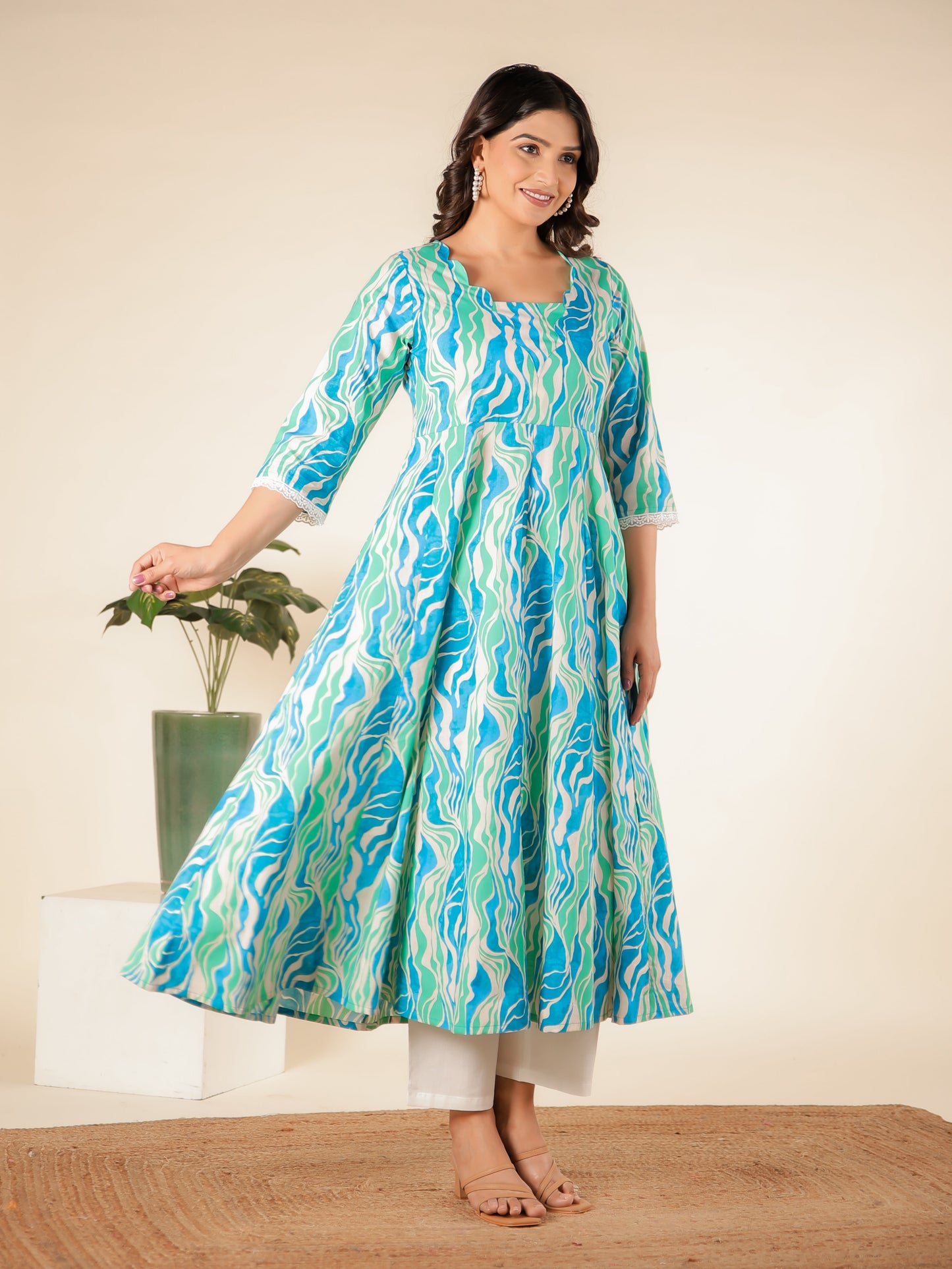 Soft Cotton Abstract Flared Green Kurta