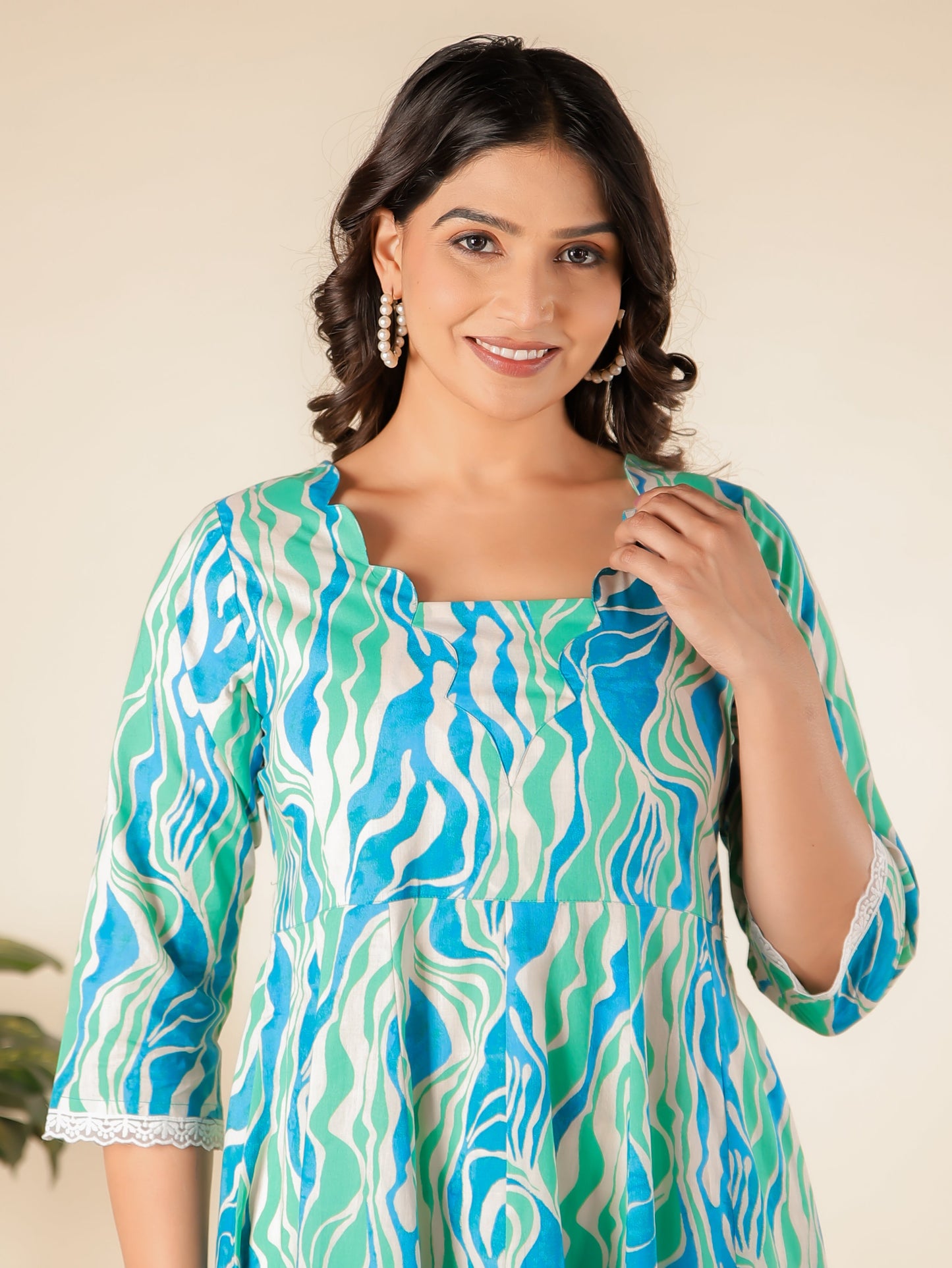 Soft Cotton Abstract Flared Green Kurta