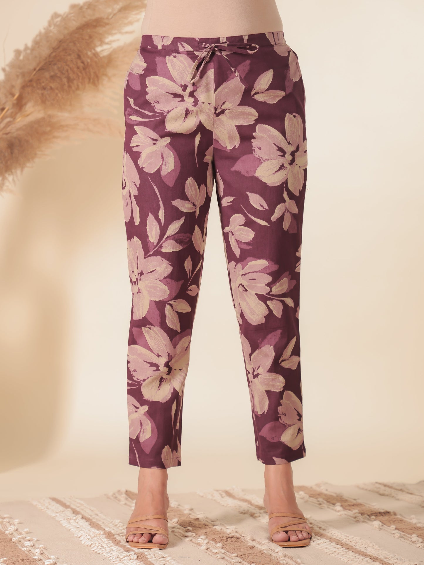 Linen Cotton Floral Purple Tapered Trousers