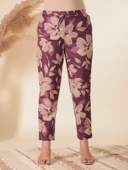 Linen Cotton Floral Purple Tapered Trousers