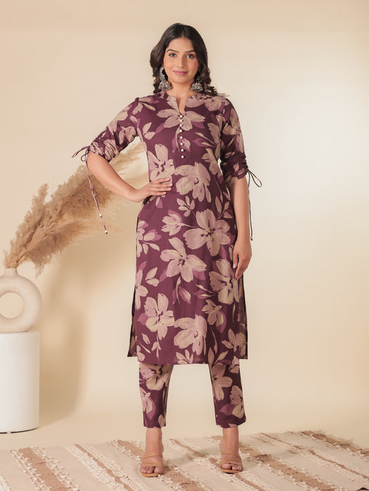 Linen Cotton Floral Straight Purple Kurta