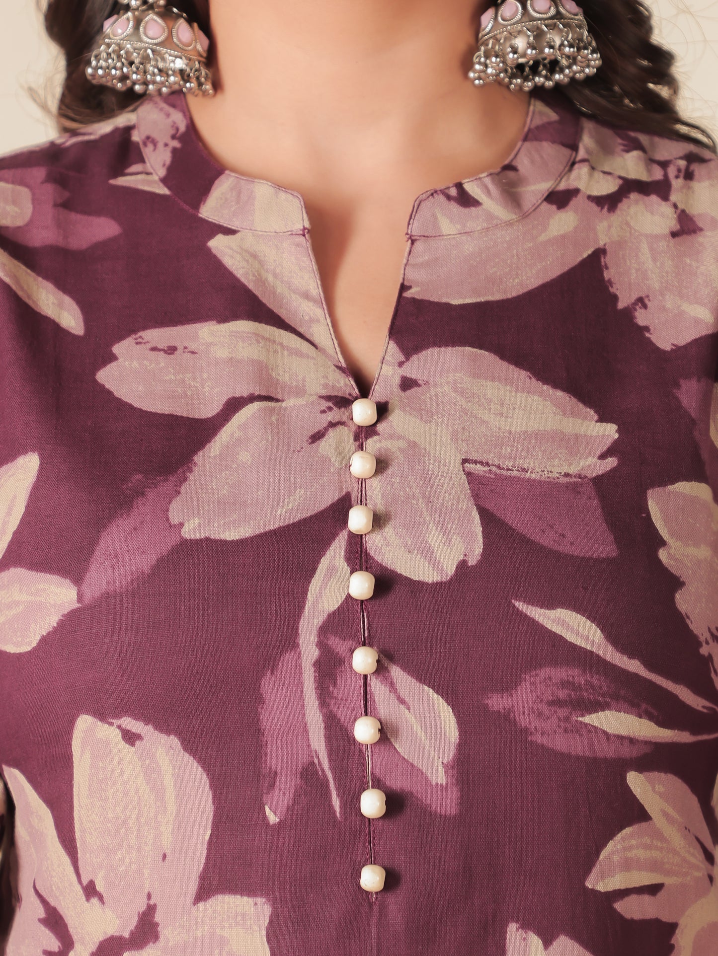 Linen Cotton Floral Straight Purple Kurta
