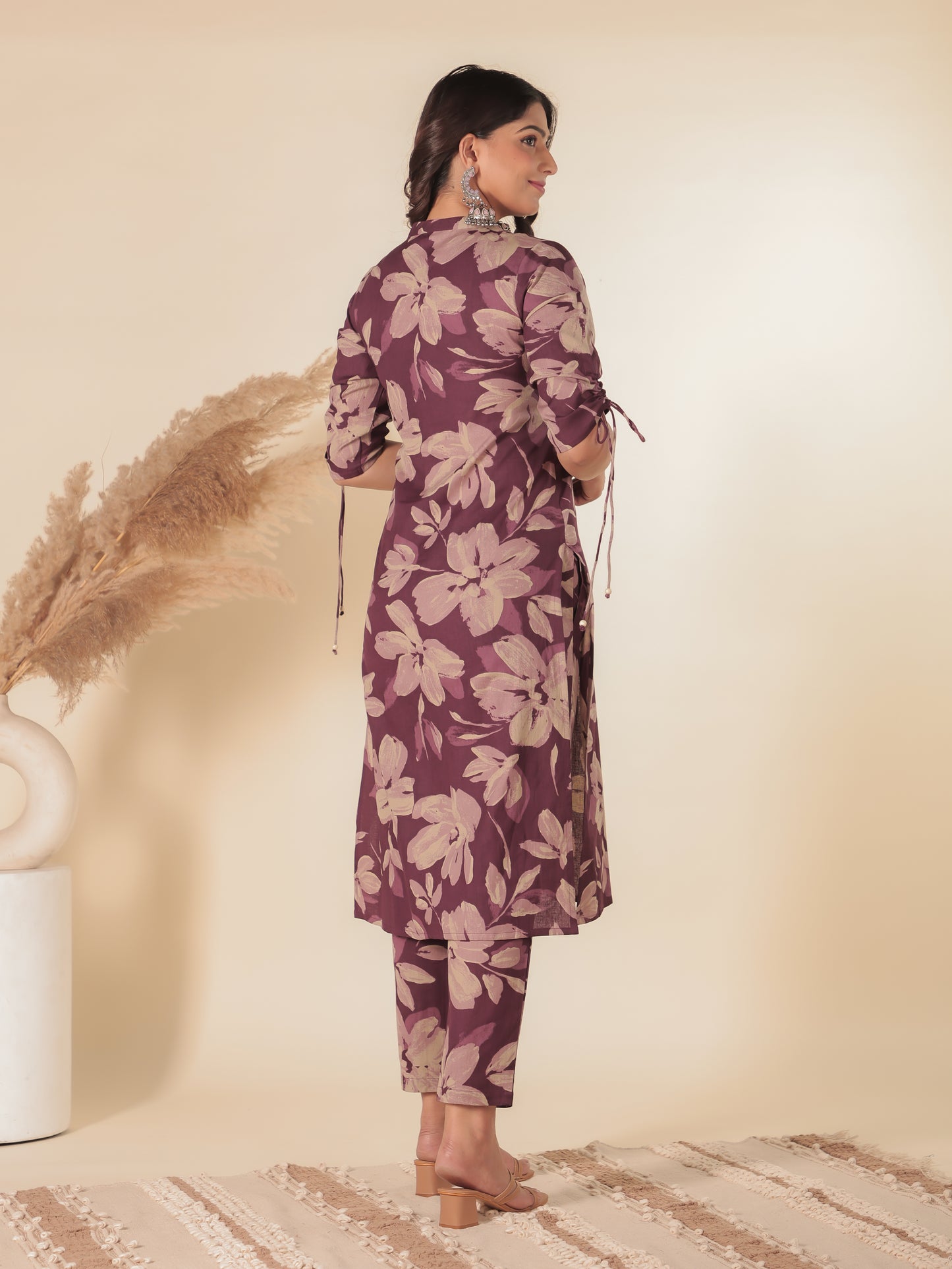 Linen Cotton Floral Straight Purple Kurta
