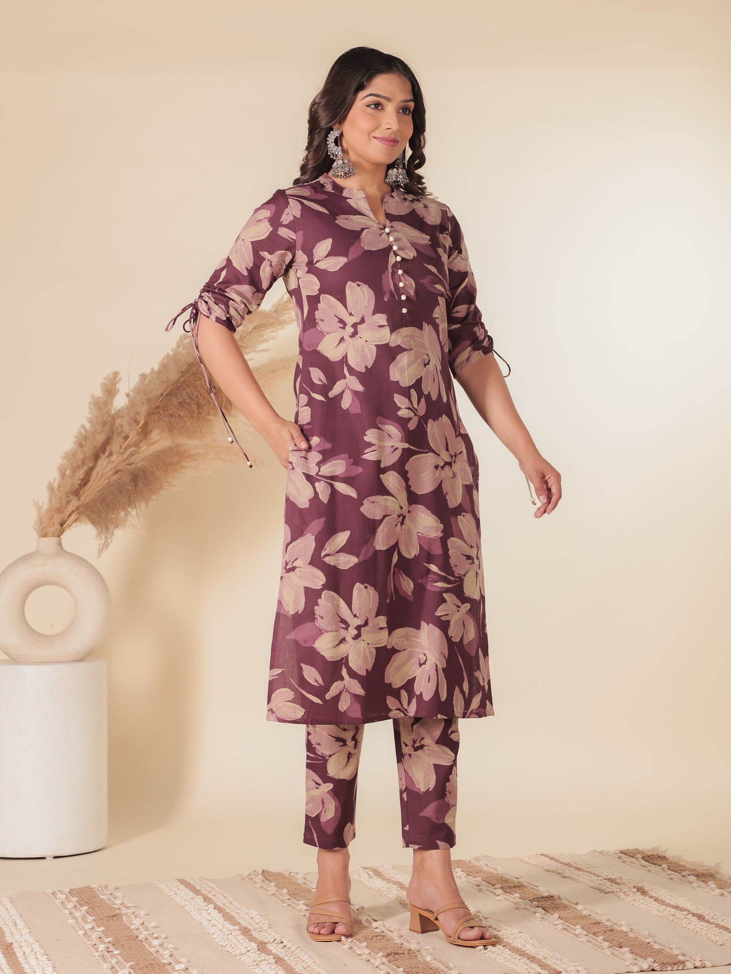 Linen Cotton Floral Straight Purple Kurta