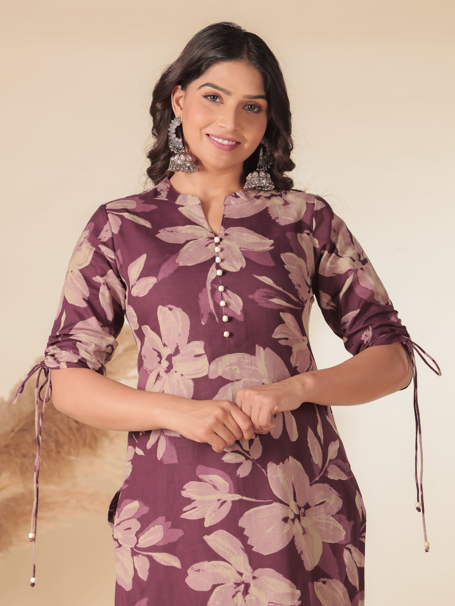 Linen Cotton Floral Straight Purple Kurta