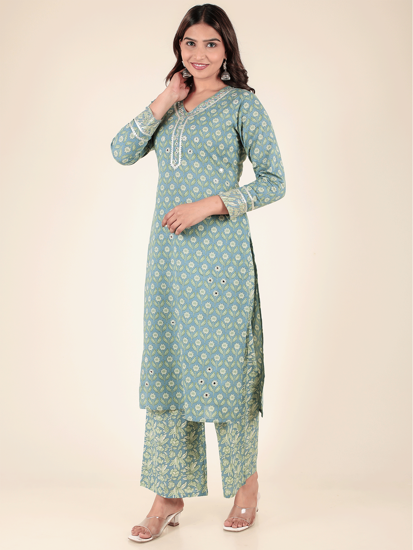 Soft Cotton Floral Straight Blue Kurta
