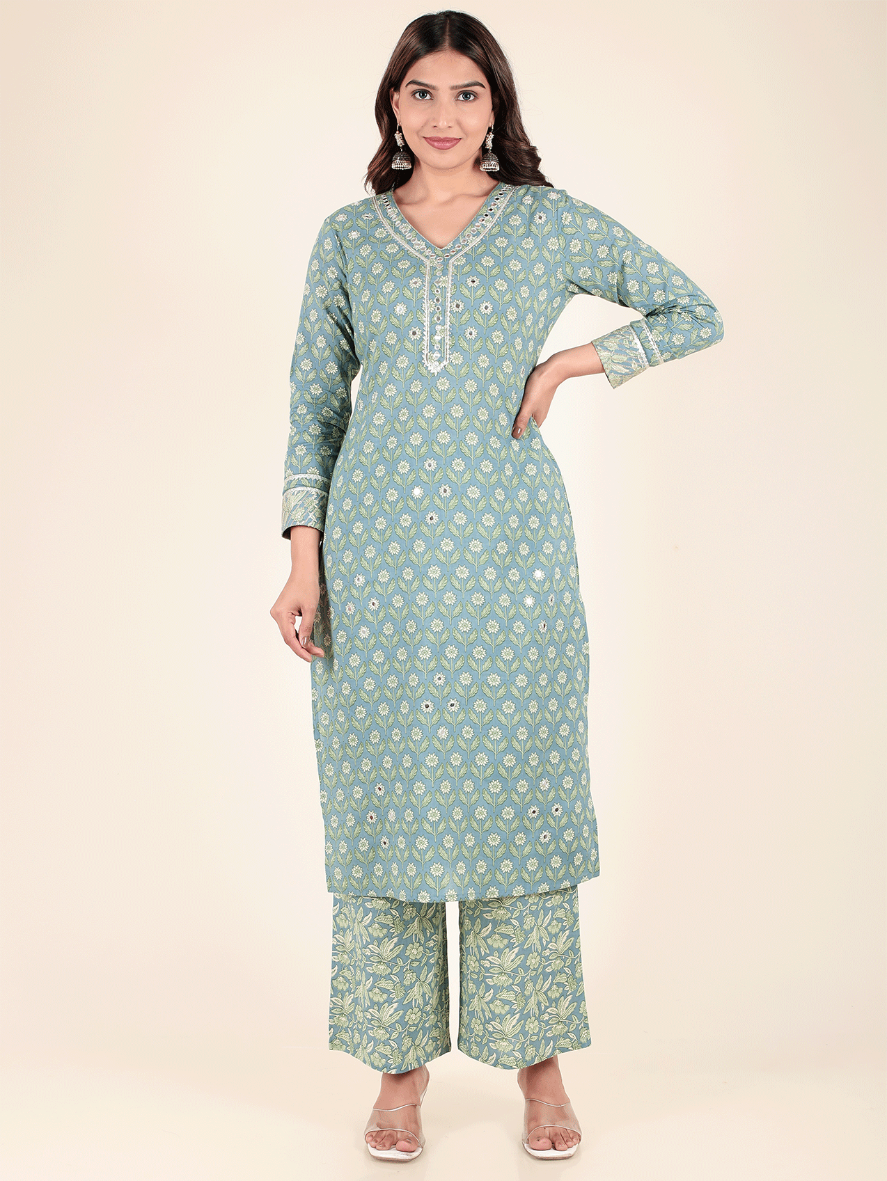 Soft Cotton Floral Straight Blue Kurta