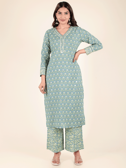 Soft Cotton Floral Straight Blue Kurta