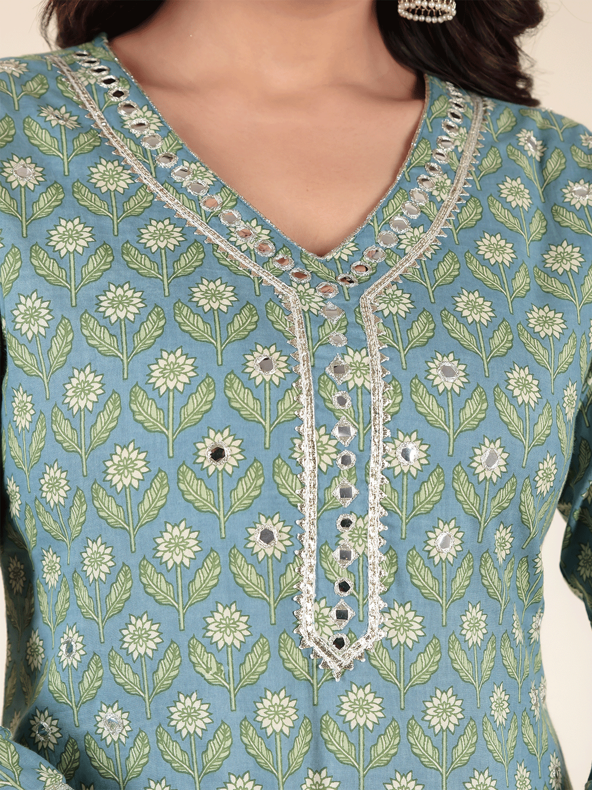 Soft Cotton Floral Straight Blue Kurta