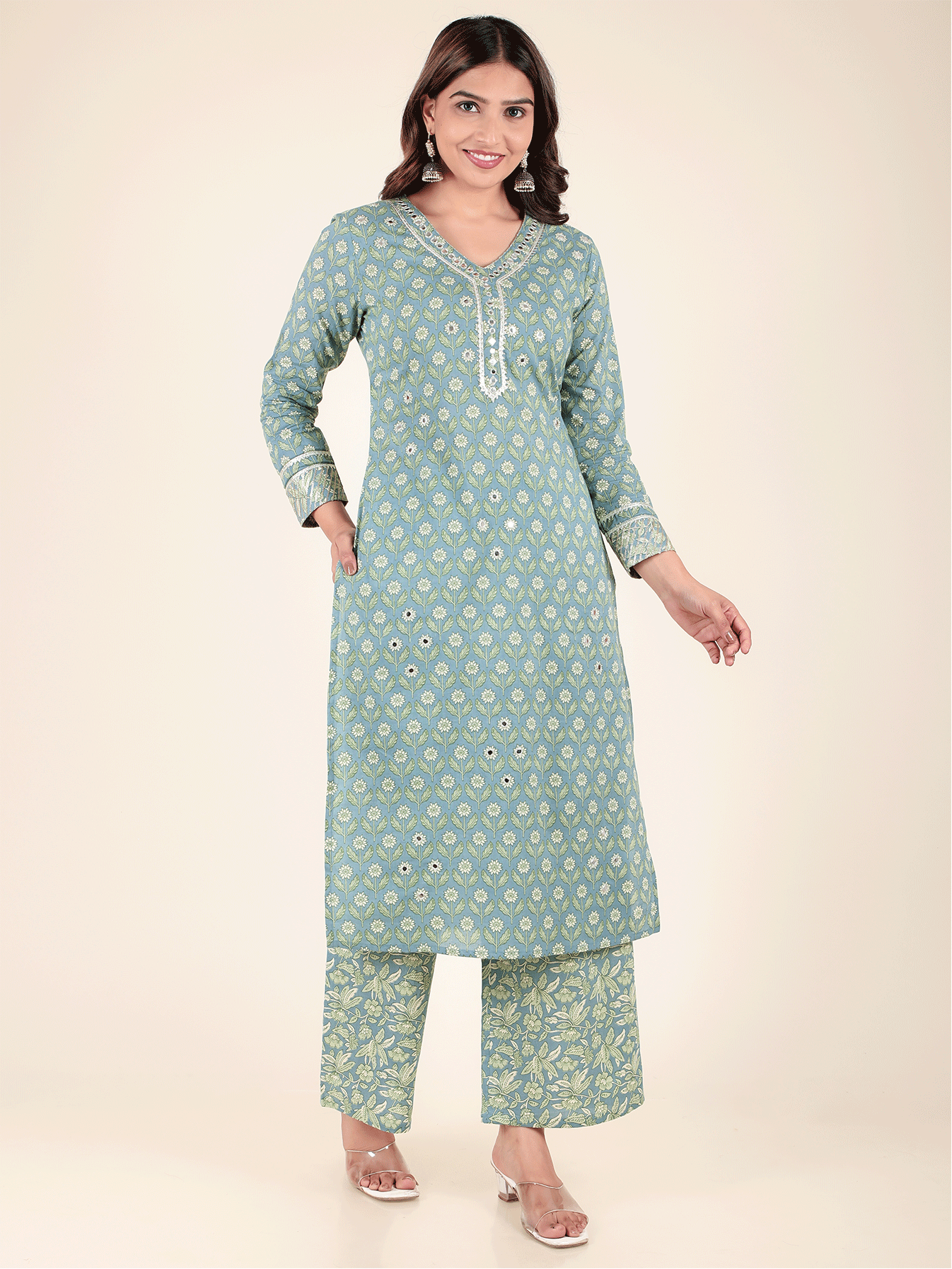 Soft Cotton Floral Straight Blue Kurta