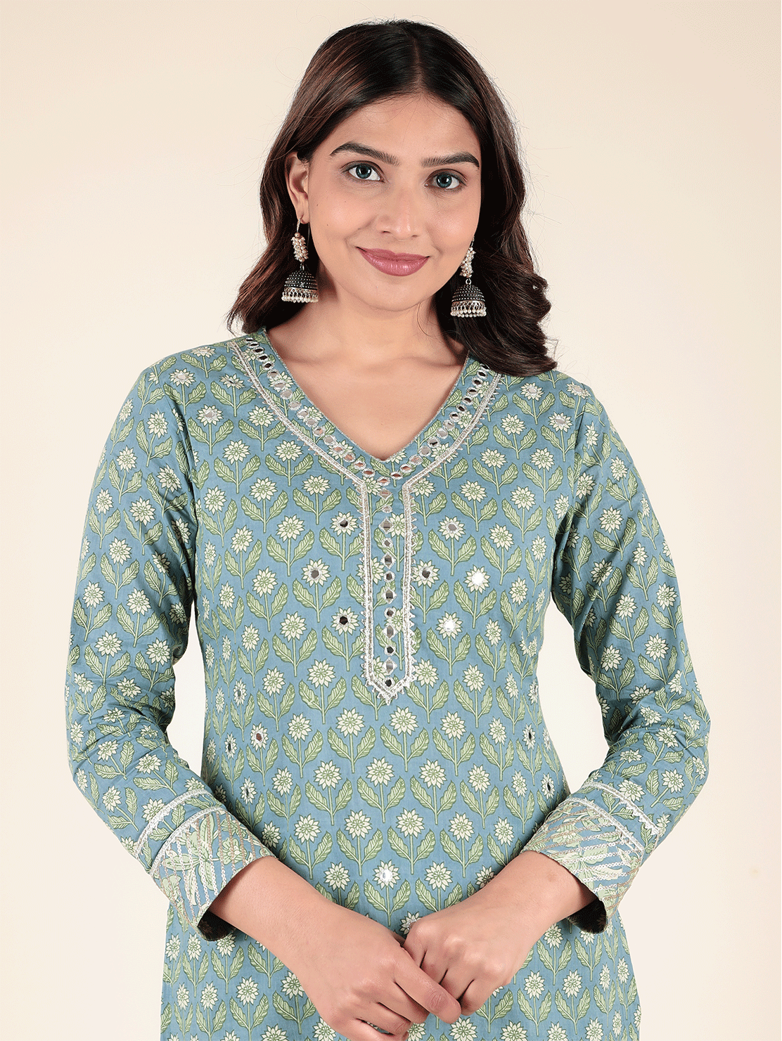 Soft Cotton Floral Straight Blue Kurta
