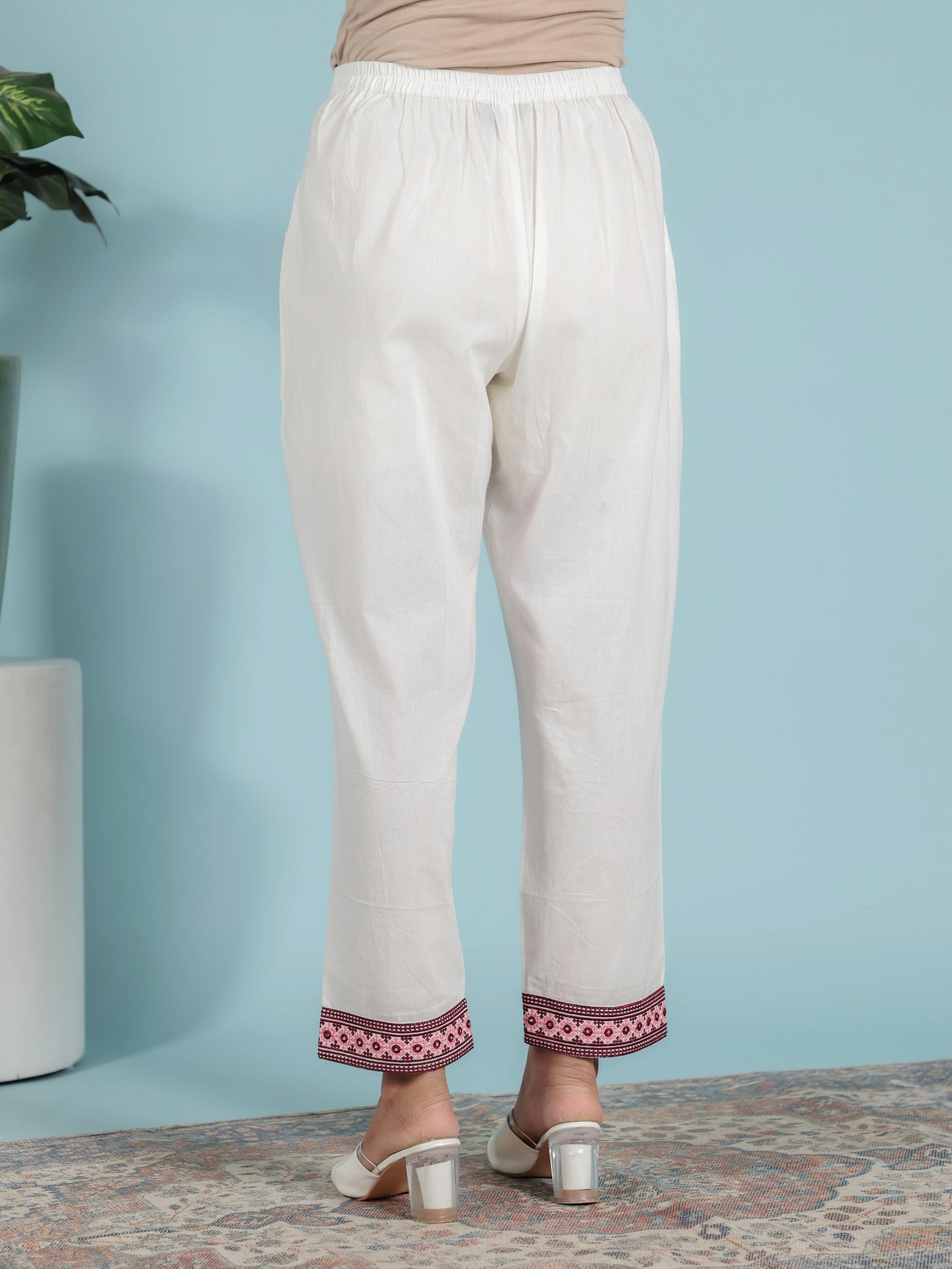 Embroidered Soft Cotton Solid Cream Straight Trousers