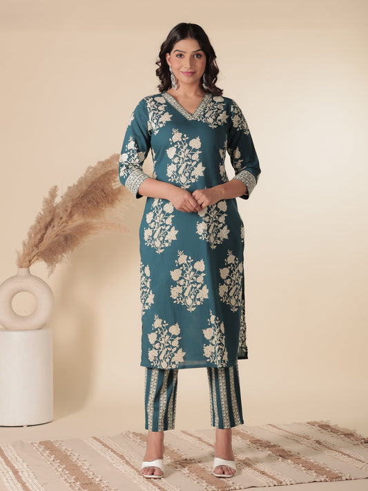 Soft Cotton Floral Straight Blue Kurta