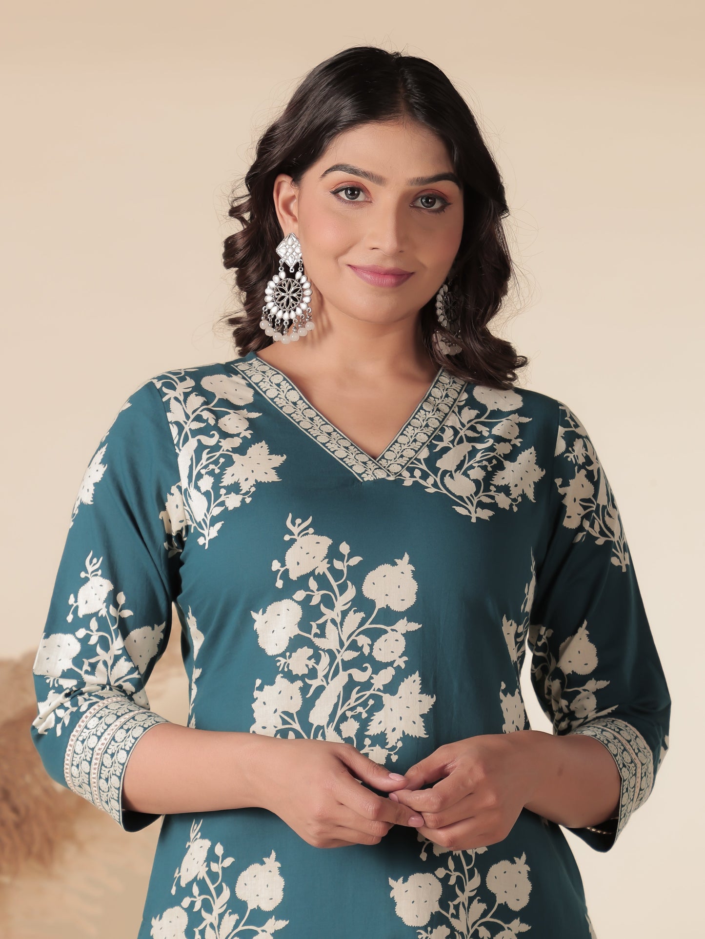 Soft Cotton Floral Straight Blue Kurta