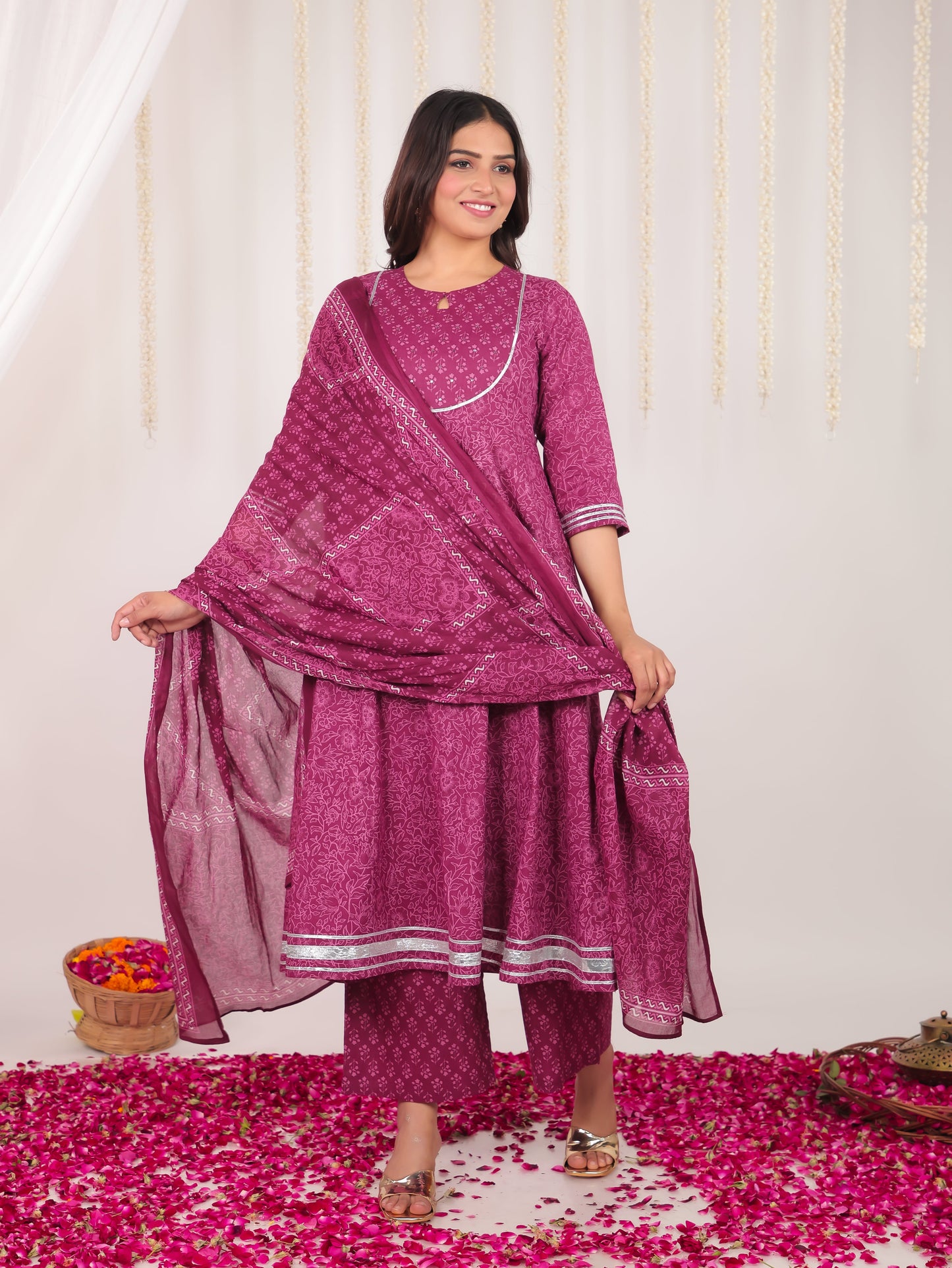 Soft Cotton Floral Anarkali Purple Kurta