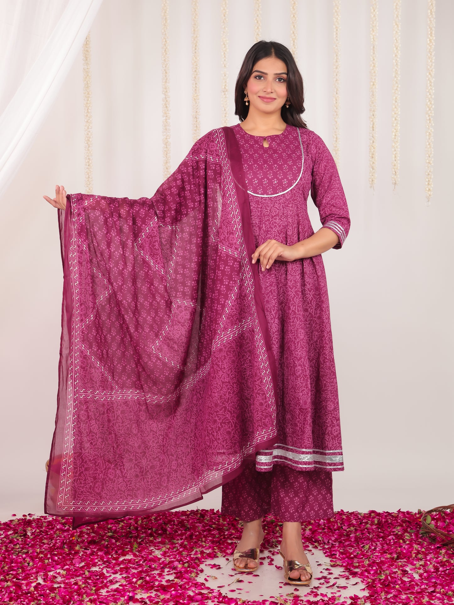 Soft Cotton Floral Anarkali Purple Kurta