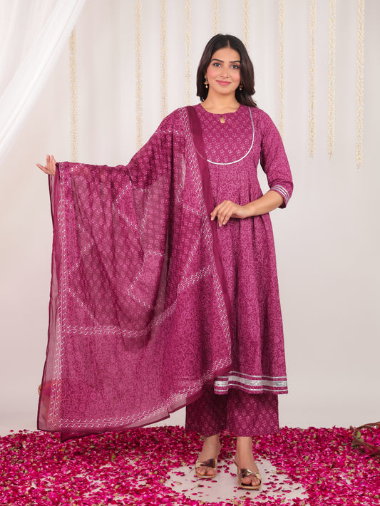 Soft Cotton Floral Anarkali Purple Kurta