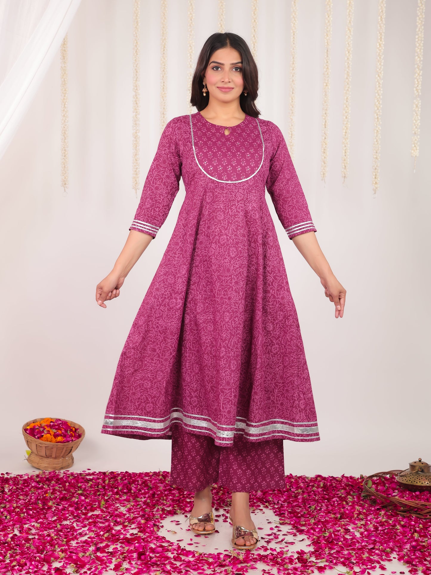 Soft Cotton Floral Anarkali Purple Kurta