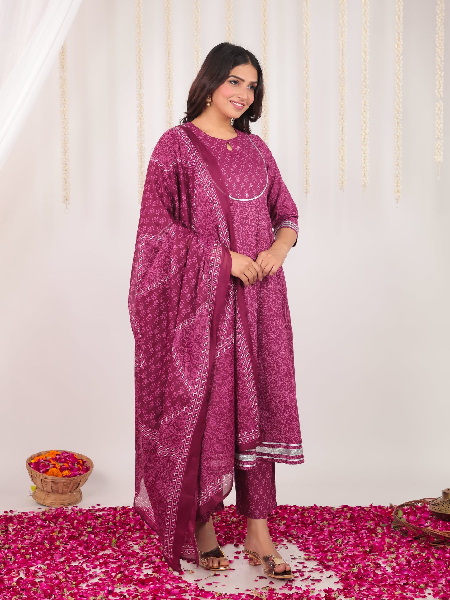 Soft Cotton Floral Anarkali Purple Kurta
