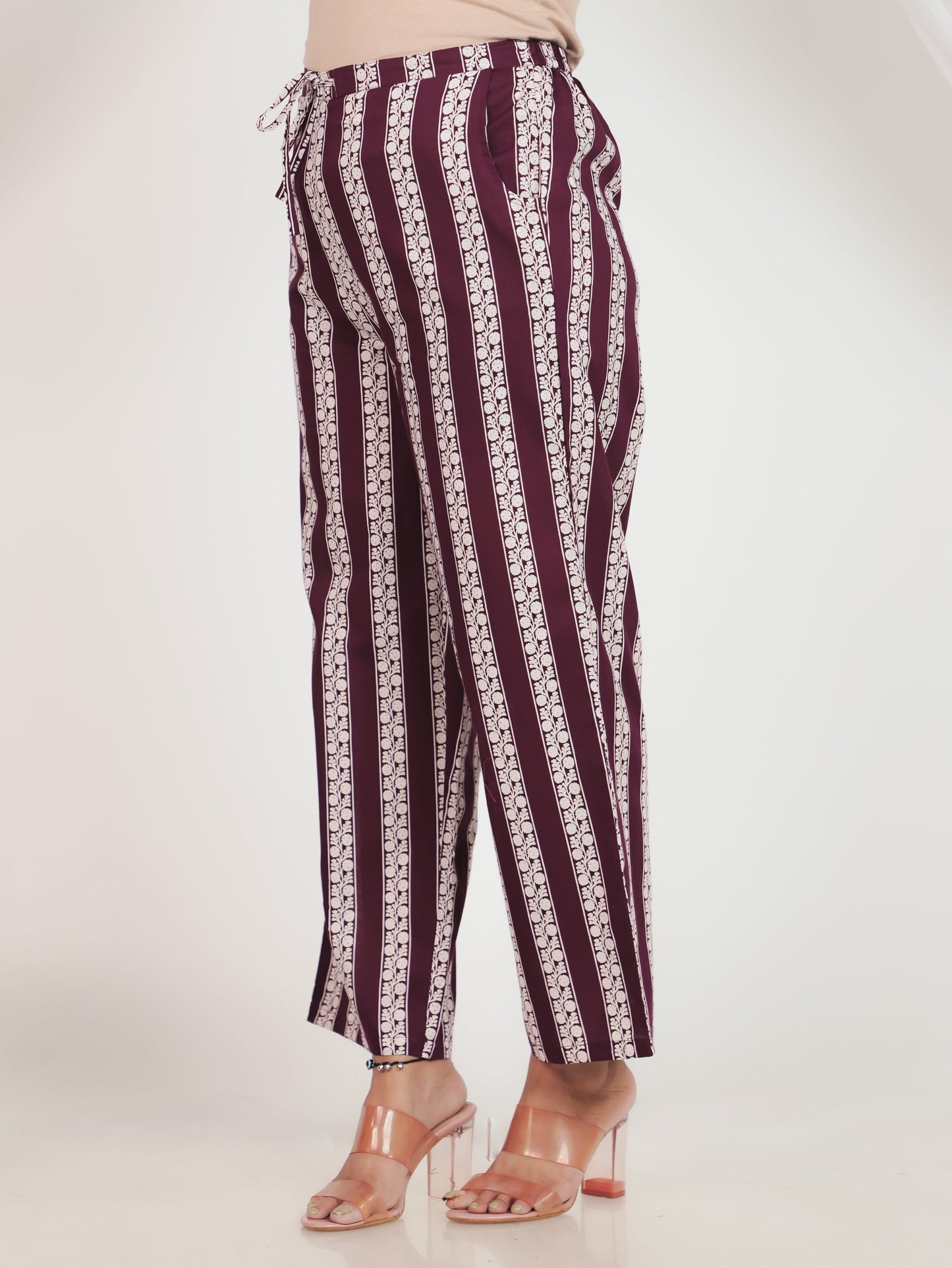 Soft Cotton Striped Purple Straight Trousers