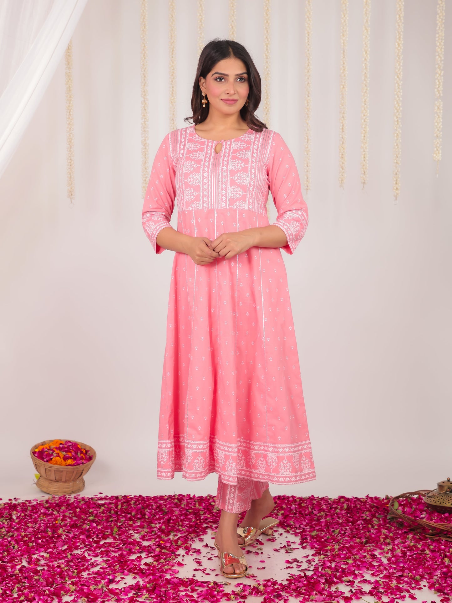 Soft Cotton Block Anarkali Pink Kurta