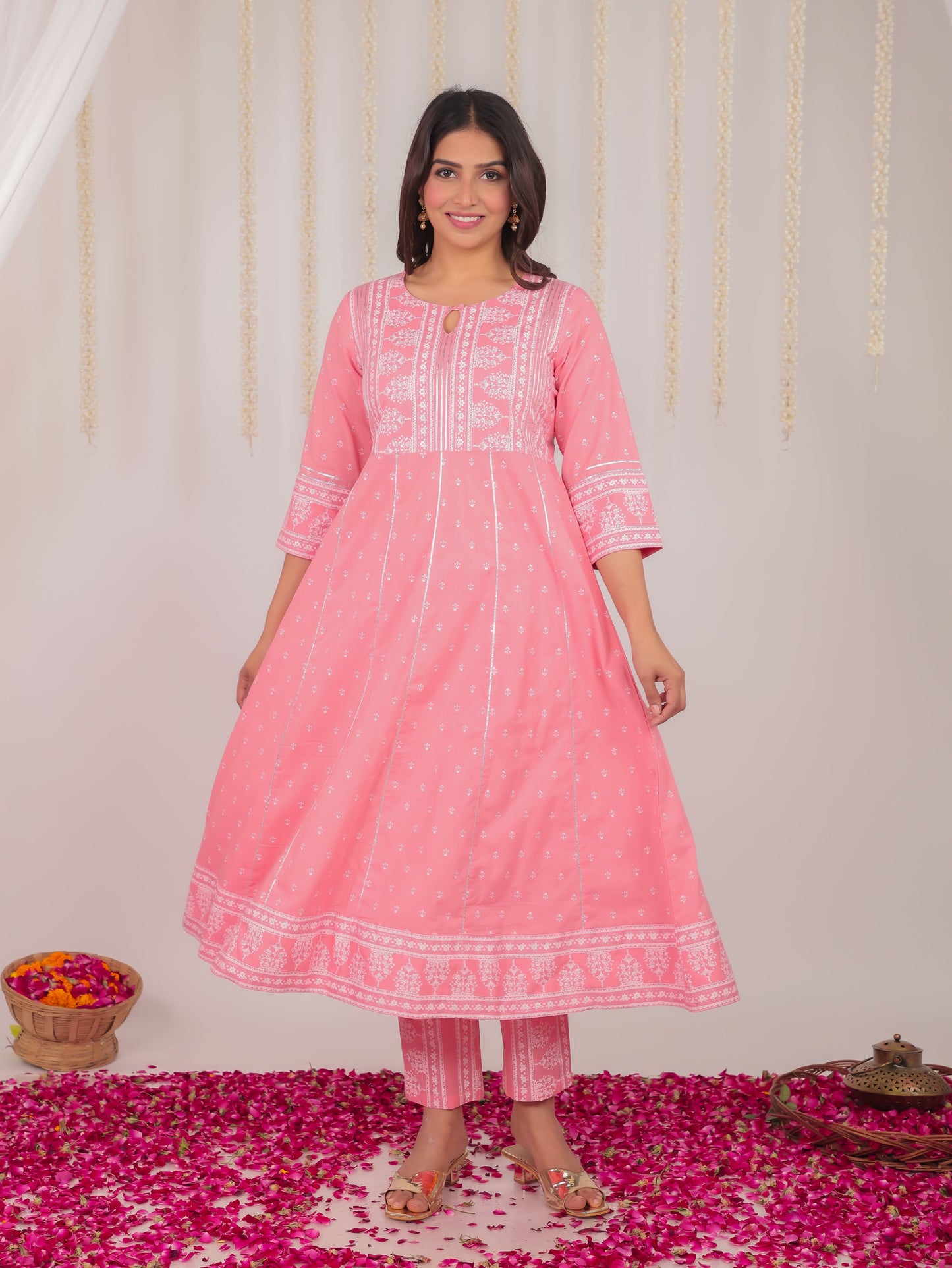 Soft Cotton Block Anarkali Pink Kurta
